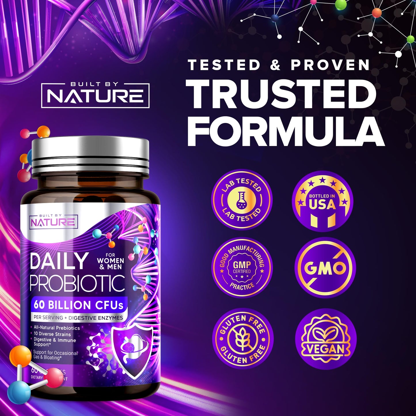 Built by Nature Probiotic for Women & Men – 60 Billion CFU, 10 Strains + Prebiotics & Digestive Enzymes – Supports Digestive, Immune, Reduce Gas & Bloating – Shelf Stable, Non-GMO, 60 Capsules