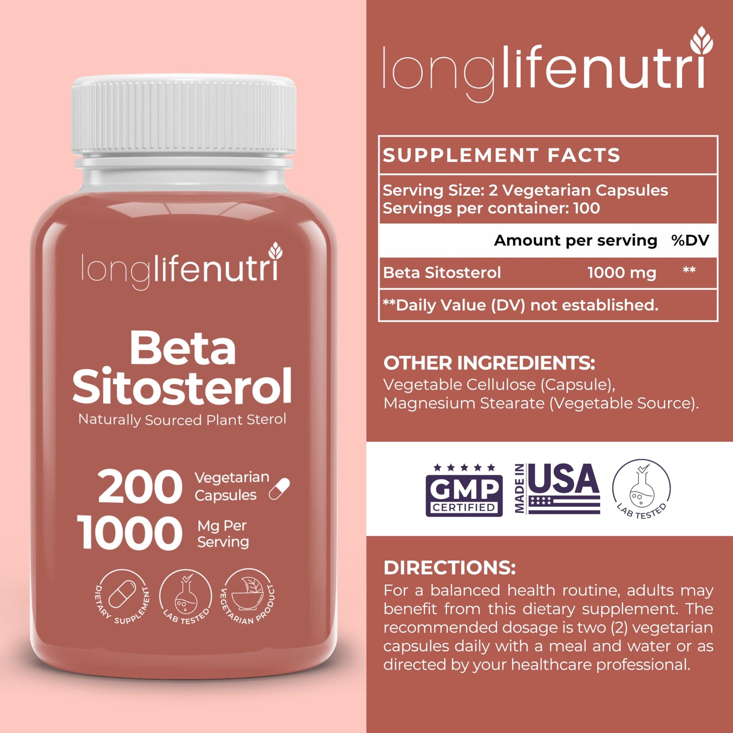 LongLifeNutri Beta Sitosterol 1000mg Phytosterols Supplement Capsule, 180 Count