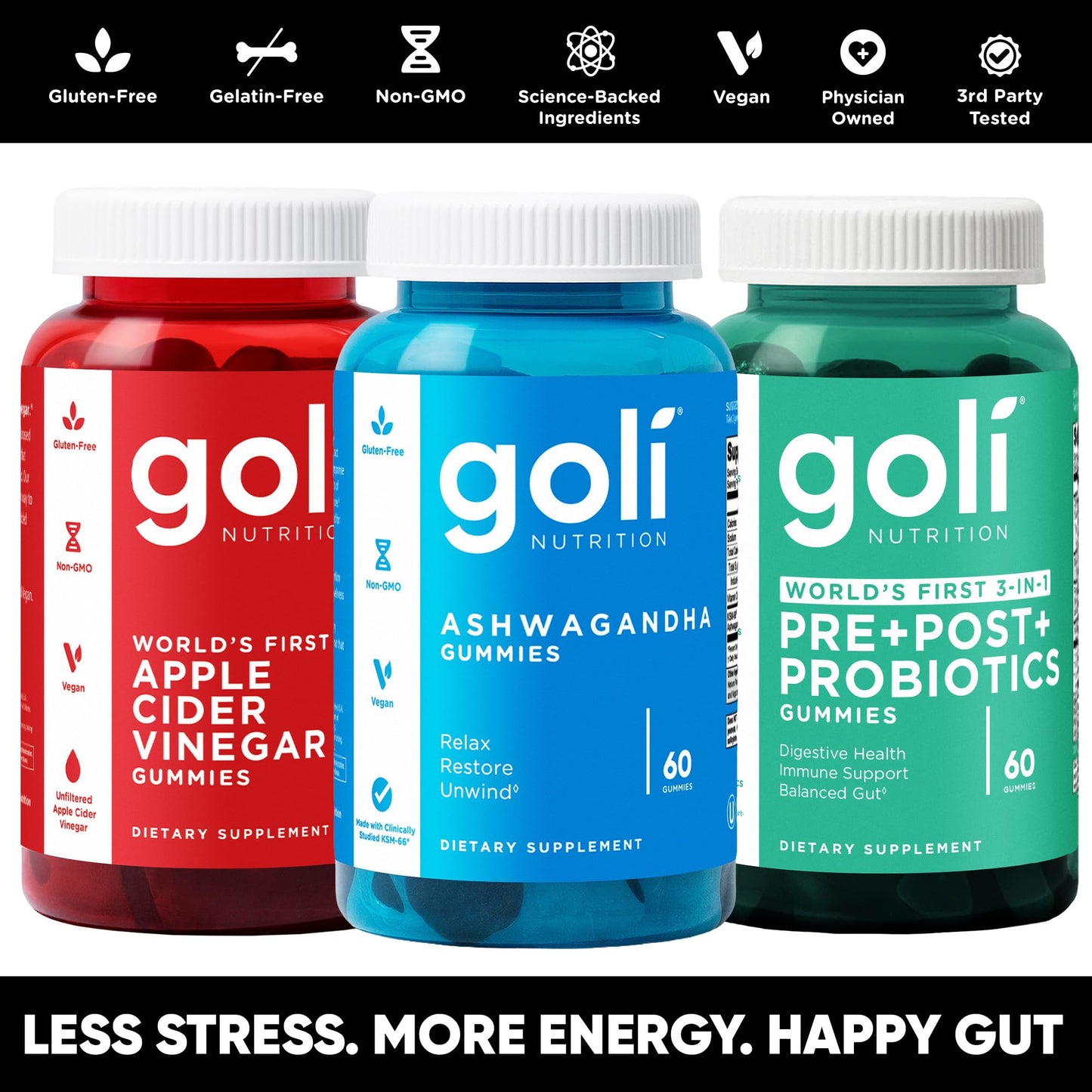 Goli Power Wellness Trio for Stress, Gut & Immune - World's First 3-in-1 Pre, Post, Probiotic, Apple Cider Vinegar & Vitamin B12, Ashwagandha & Vitamin D Gummies, 60 Gummies