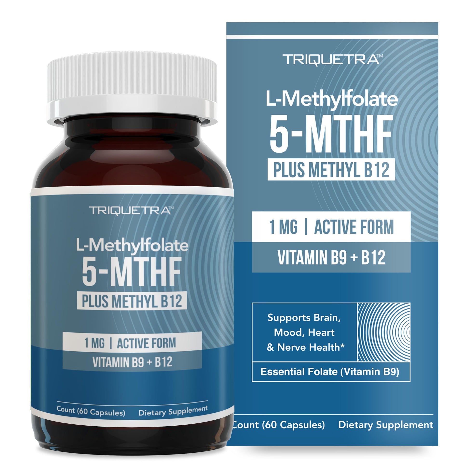 Triquetra Health L-Methyl Folate 1000 mcg Plus Methyl B12 Cofactor – Active 5-MTHF Form Capsules, 60 Count