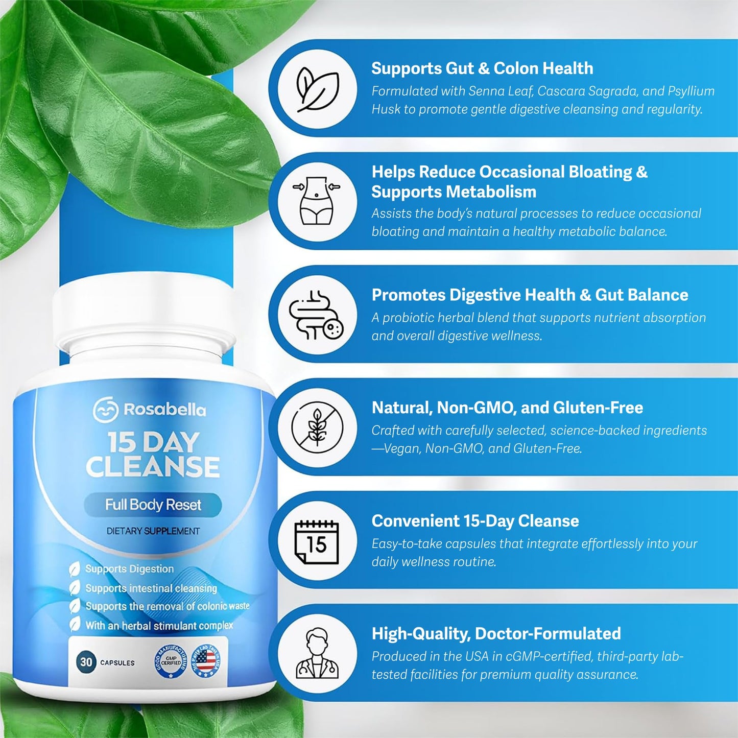 Rosabella 15 Day Cleanse Full Body Detox & Colon Cleanse for Men & Women Detox Capsules for Digestive Health & Bloating Relief, Doctor-Formulated Non-GMO, 30 Count