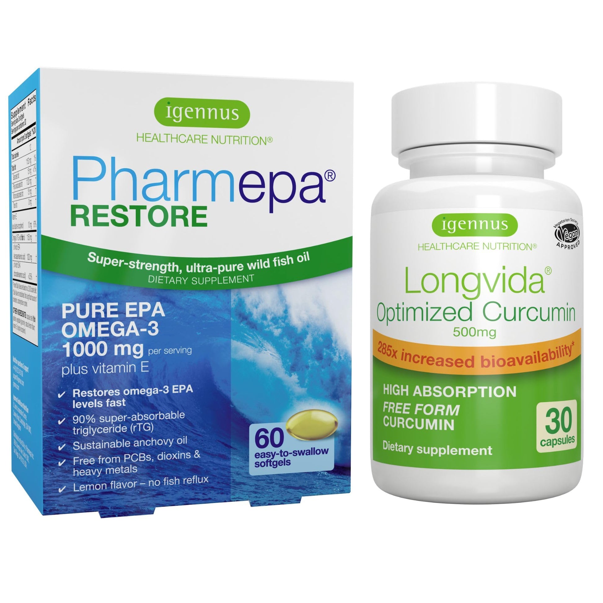 Igennus Healthcare Nutrition Pharmepa Restore & Longvida Lipidated Curcumin 500mg Bundle, 2 Capsules