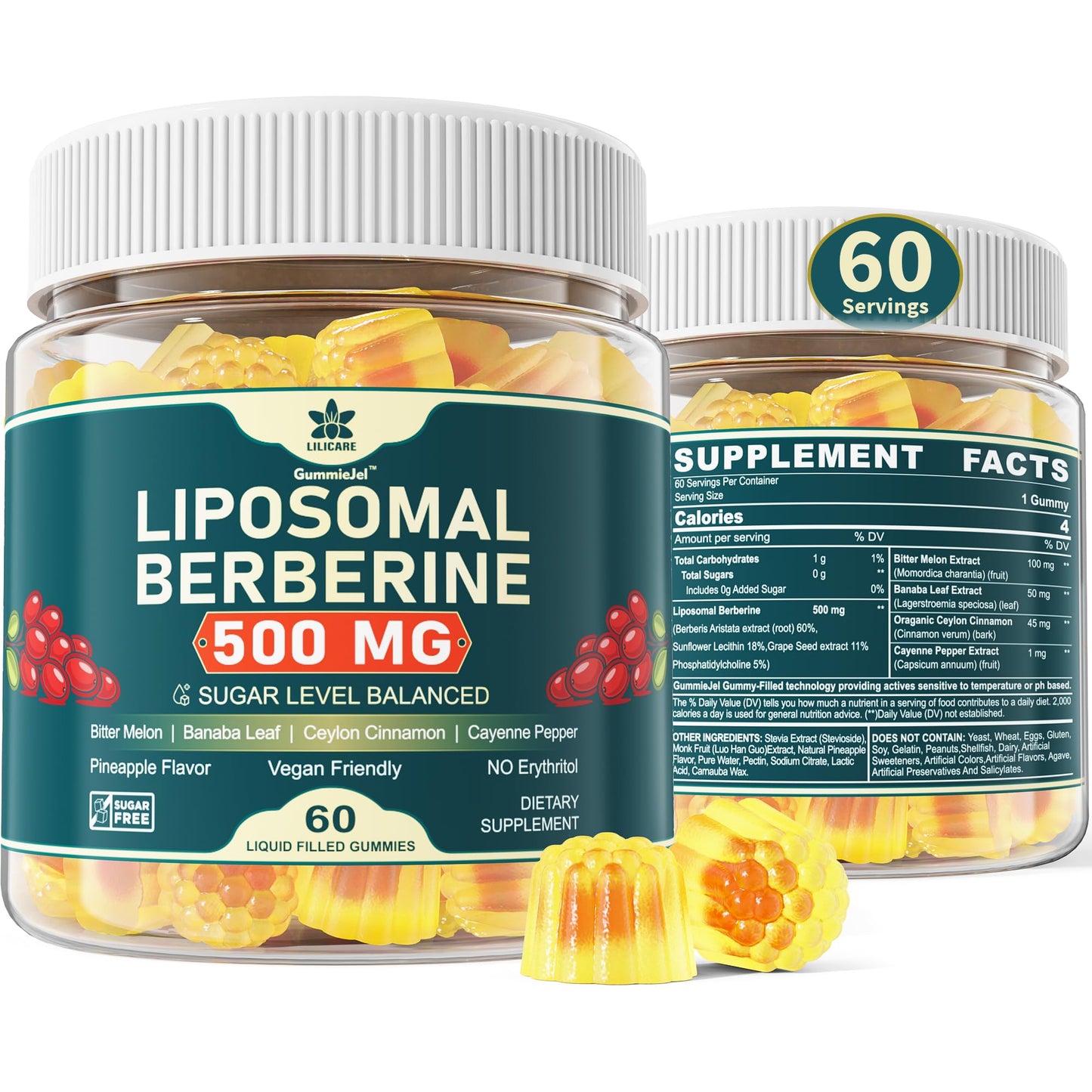 LILICARE Berberine 500mg Supplement Liposomal Gummies, 60 Count