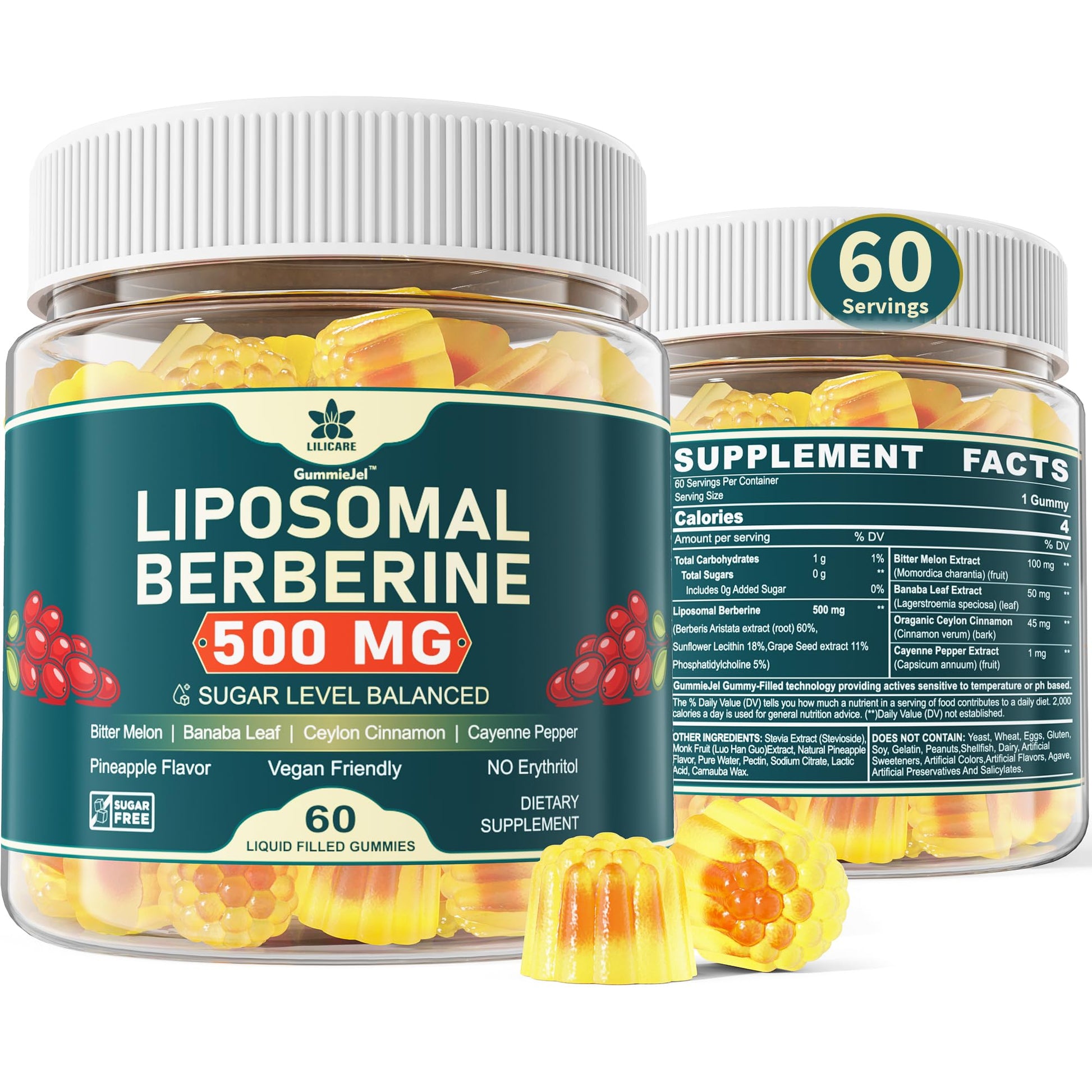 LILICARE Berberine 500mg Supplement Liposomal Gummies, 60 Count