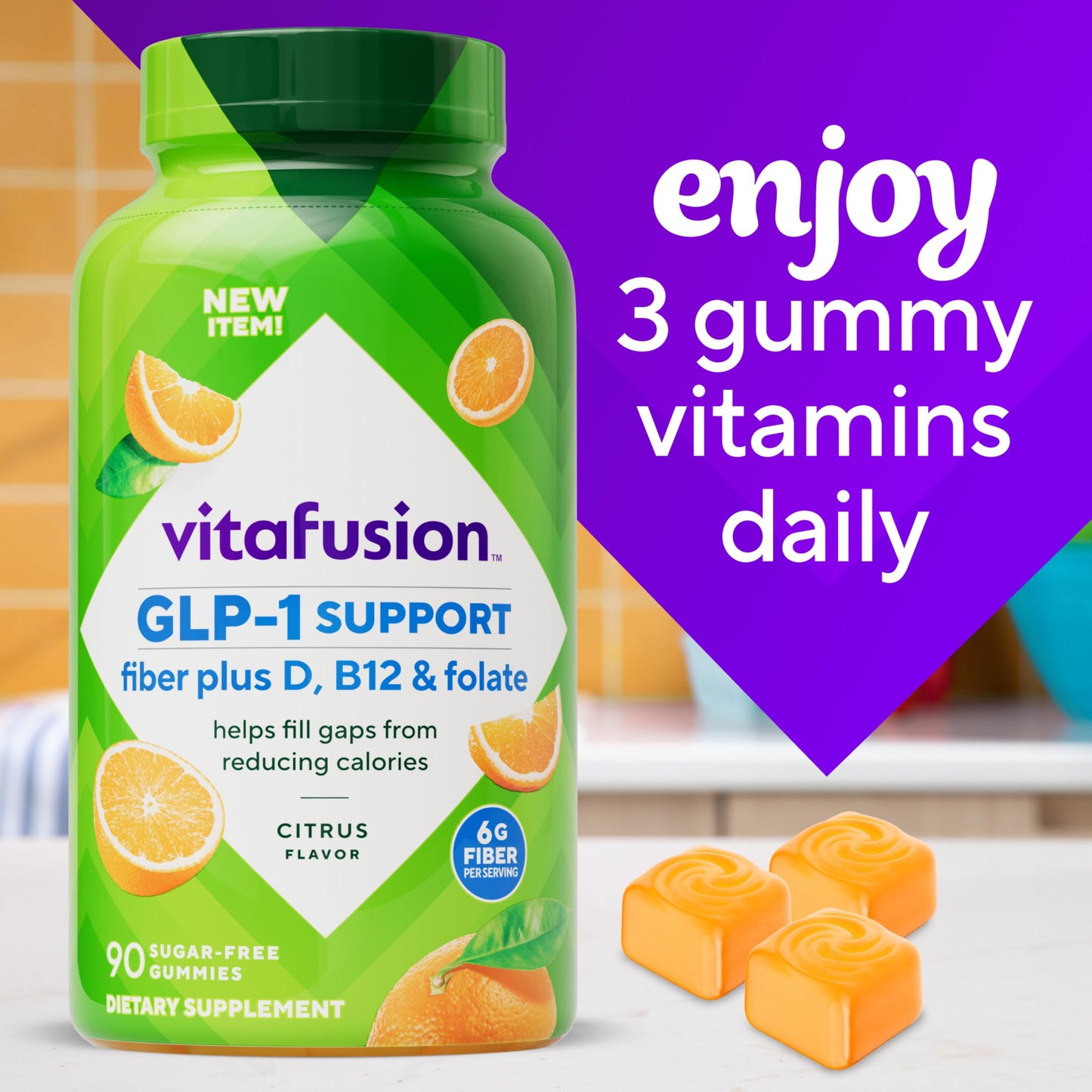Vitafusion GLP-1 Support Fiber Plus Vitamins D, B12 and Folate Gummy, 90 Count