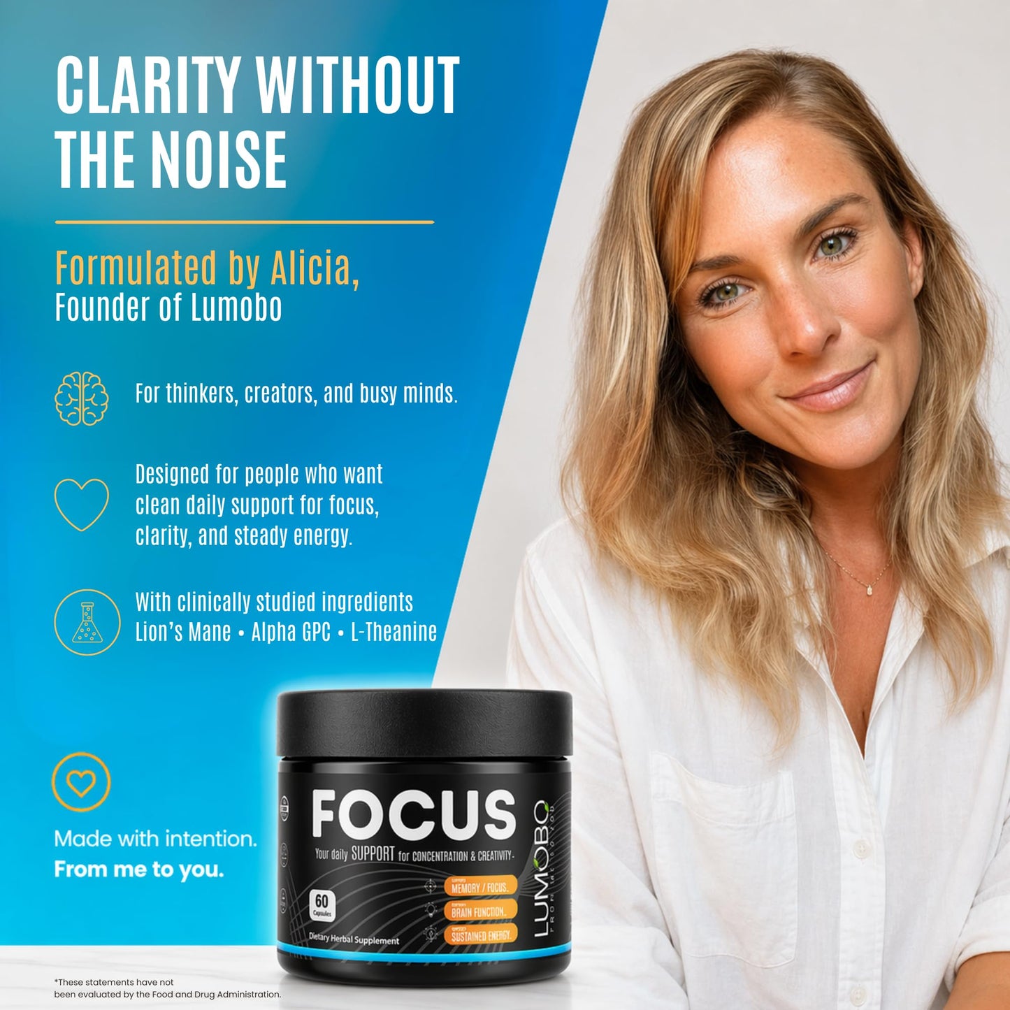Lumobo Focus Capsules – Caffeine-Free Nootropic Brain Support with Lion's Mane, Bacopa, Rhodiola, L-Theanine & Alpha GPC – No Stimulants – 60 Vegan Capsules