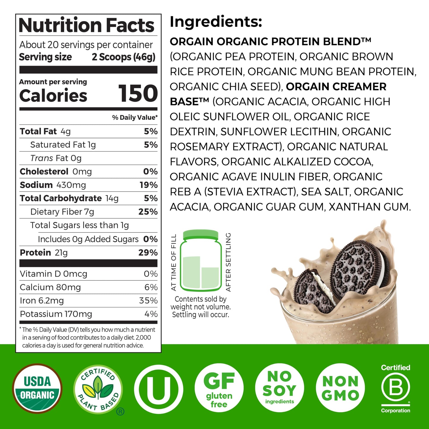 Orgain Organic Vegan 21g Protein Powder Cookies 'N Cream 32.4 Servings