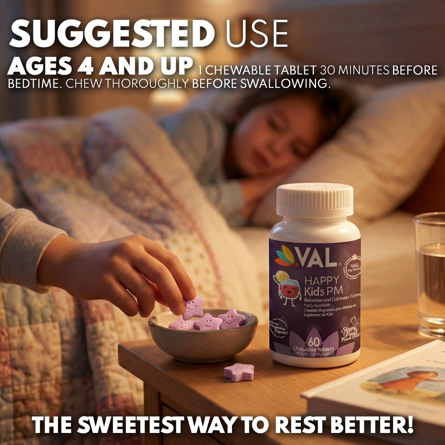 VAL Happy Kids PM Sugar-Free Chewable Magnesium with Melatonin Sleep Support for Children Magnesium Glycinate + Citrate + Taurate B6 C Fruit Punch 60 Tablets