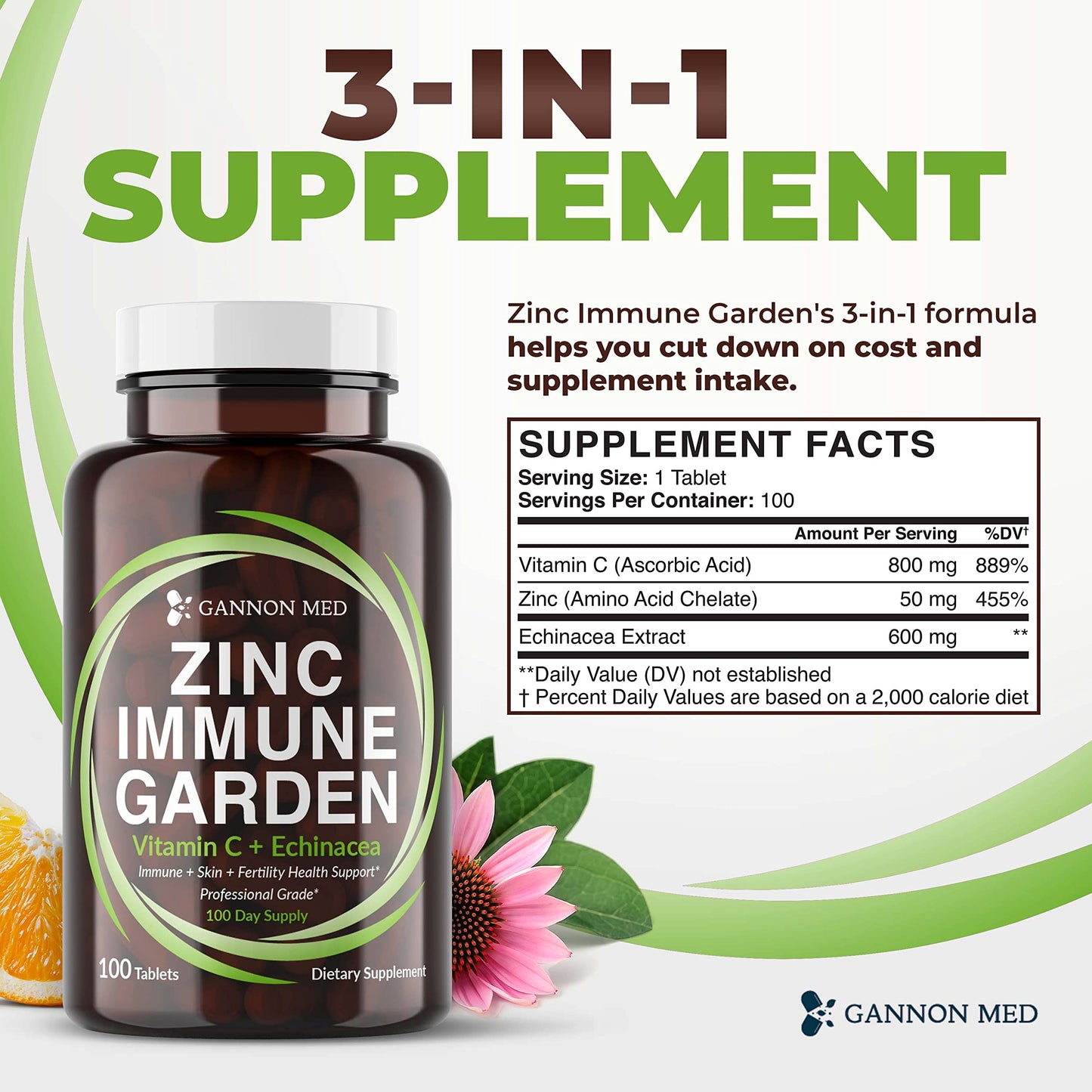 GANNON MED Chelated Zinc 50mg Capsules with Vitamin C 800mg and Echinacea 600mg, Immune Garden, 100 Count