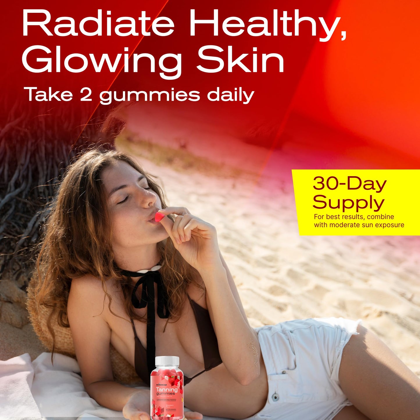 Musebeam Tanning Gummies for Women - Self-Tan Chews, Sunless Tan Skin Health Glow Up, Sugar Free, Vegan, Beta Carotene, Astaxanthin & Lycopene, 60 Gummies