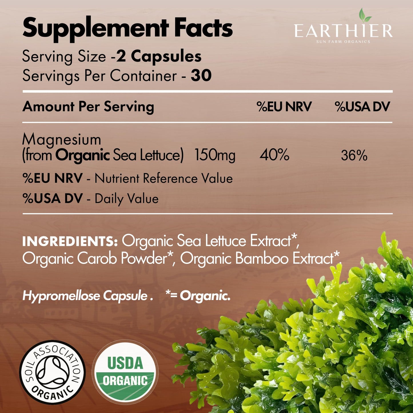 Earthier Organic Magnesium Whole Food Sourced & Certified by Soil Association Vegan Capsules, 60 Capsules