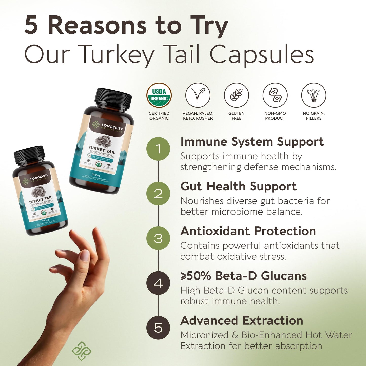 Longevity Botanicals Organic Turkey Tail Mushroom Capsules 120 Count