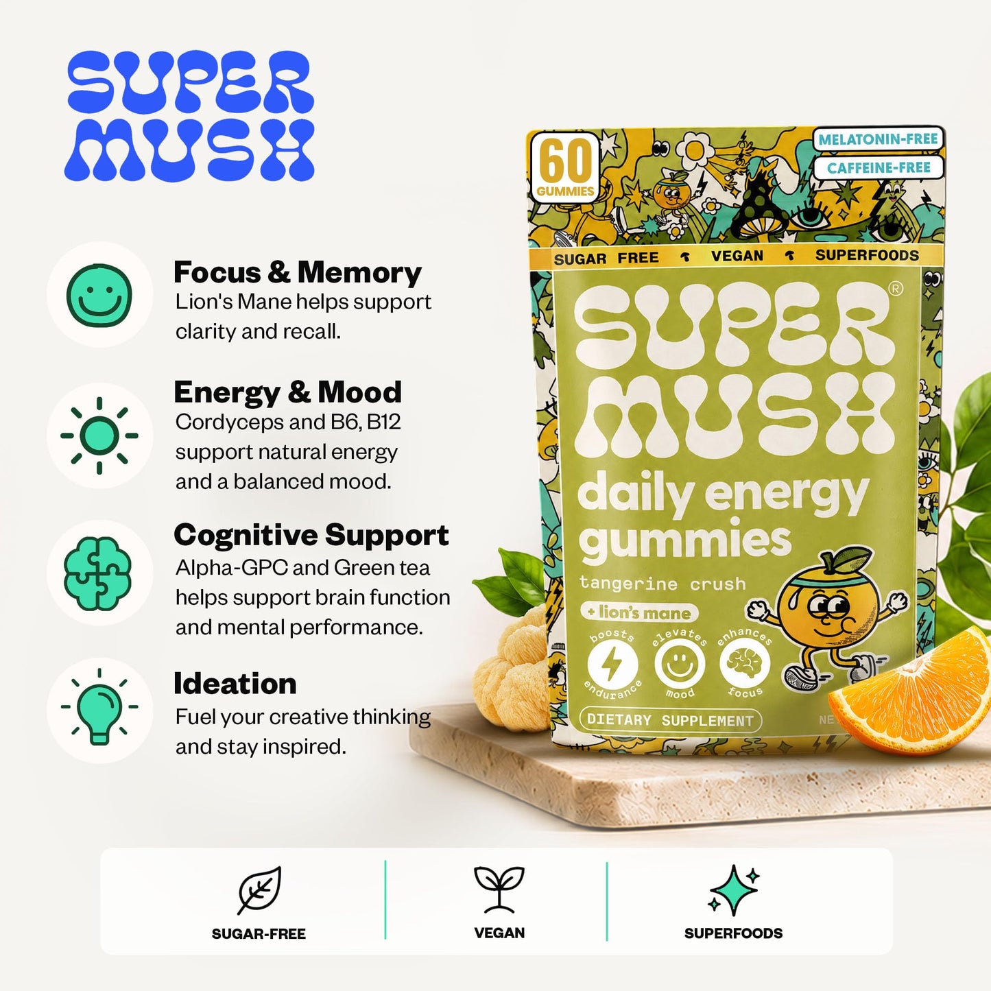SuperMush Daily Energy Lion's Mane & Cordyceps Gummies 60 Count