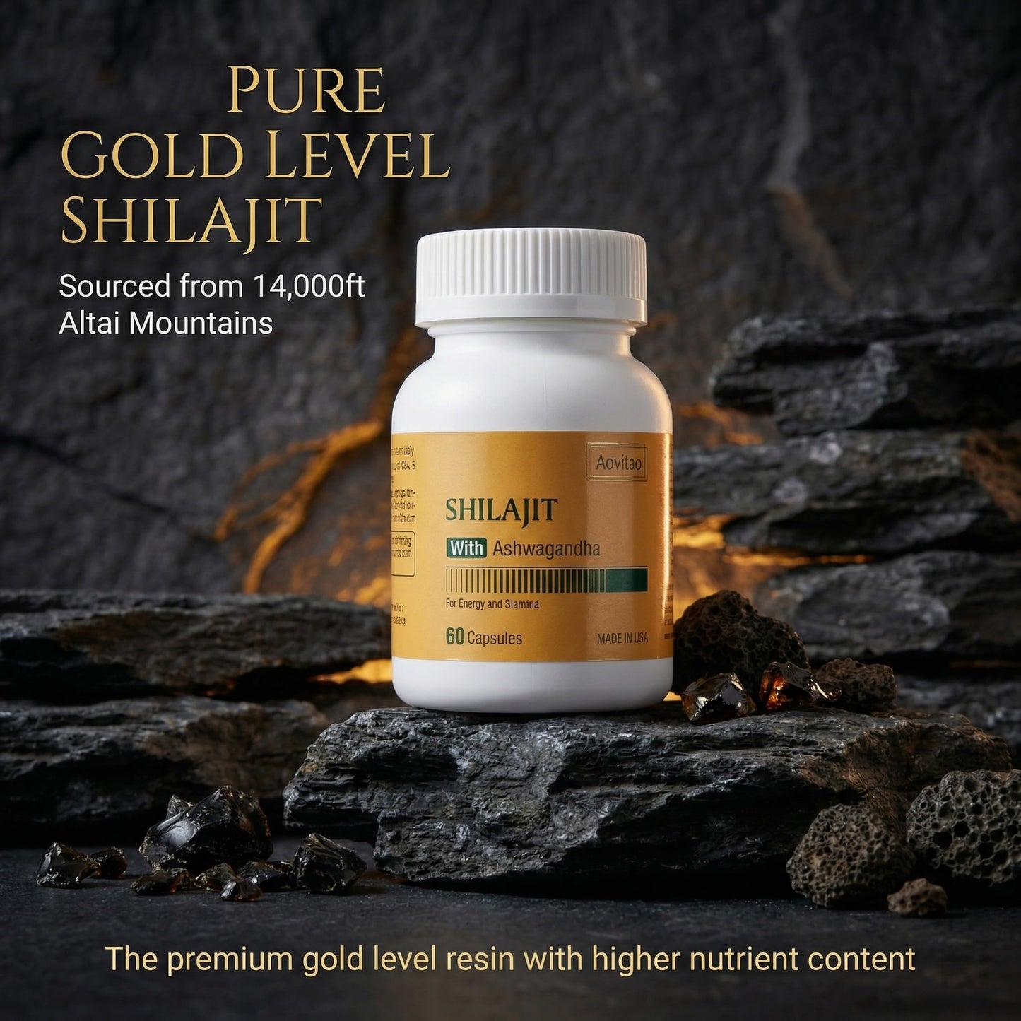 AOVITAO Natural Shilajit Capsules 550mg with Ashwagandha Daily Wellness Supplement, Capsule, 60 Count