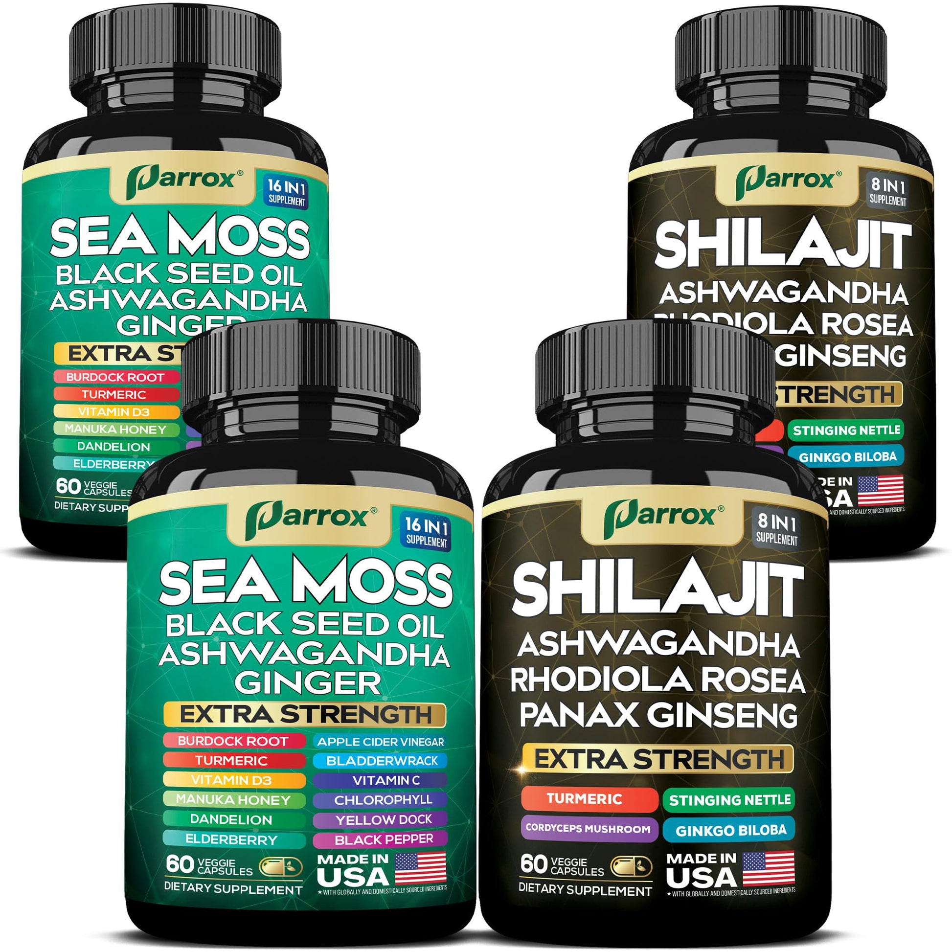 Parrox Shilajit & Sea Moss Bundle with Black Seed Oil & Ashwagandha Capsules, 240 Count