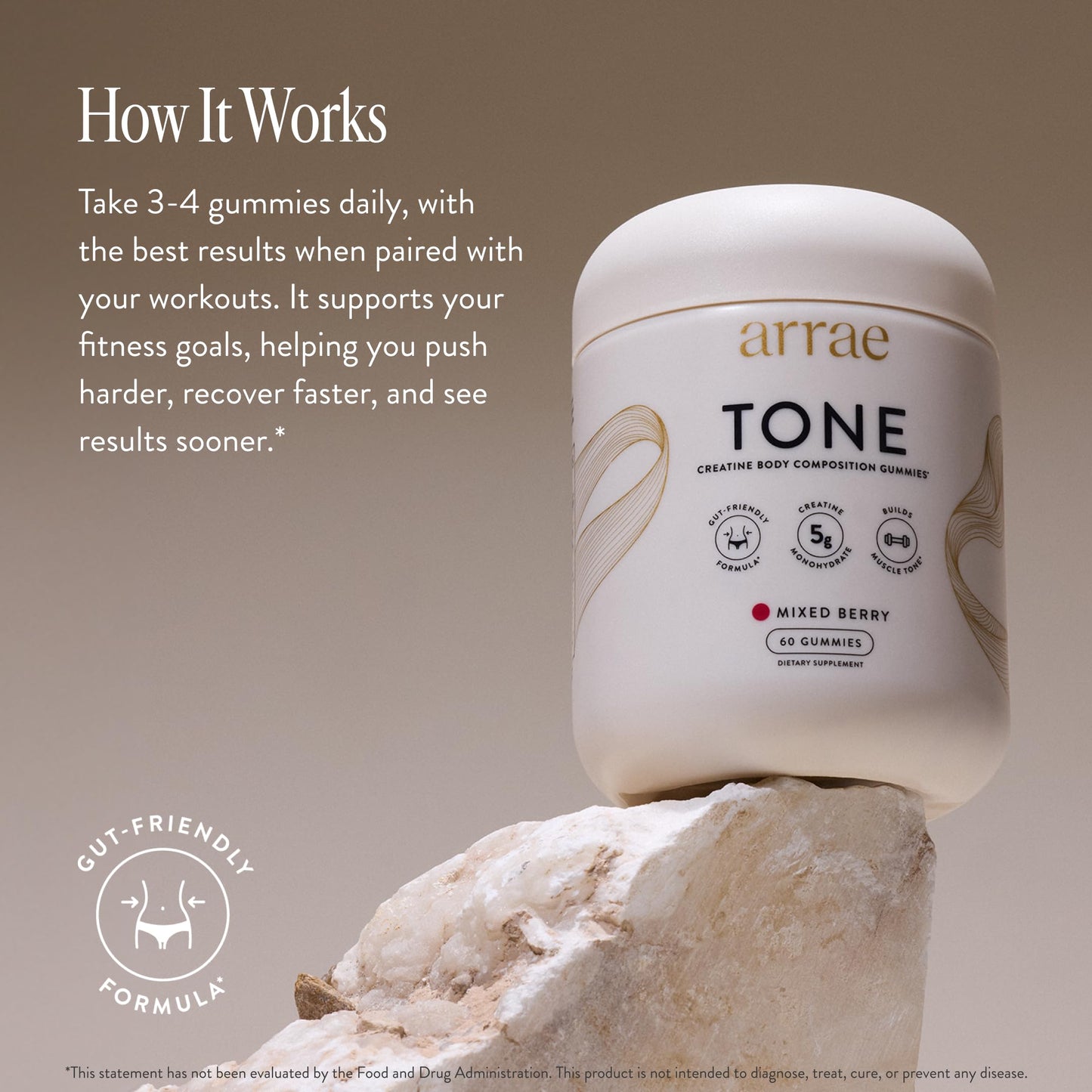 Arrae Tone Gummies Creatine Monohydrate for Women – Support Lean Muscle, Strength & Recovery – Mixed Berry Flavor, 60 Gummies