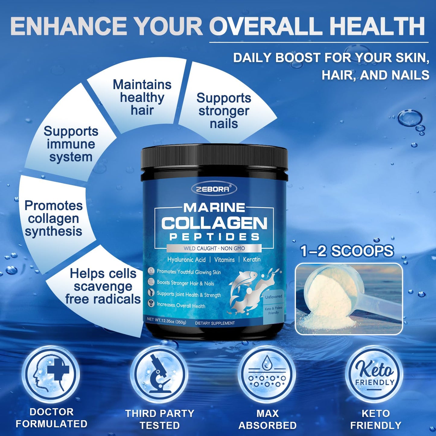 ZEBORA Marine Collagen Peptides Powder 12.35 Ounce