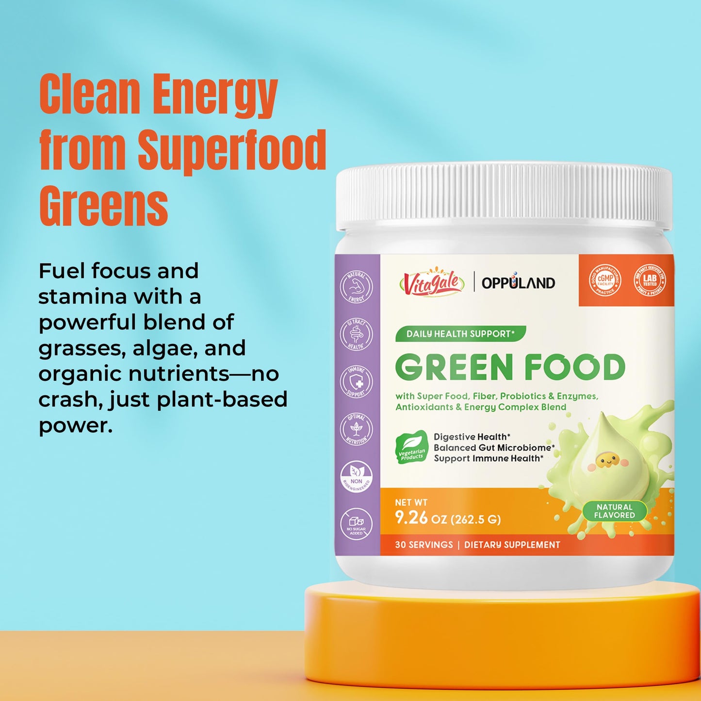 oppuland Green Food – Superfood Greens with Spirulina, Chlorella, Barley Grass, Probiotics & Enzymes Powder 9.26 oz