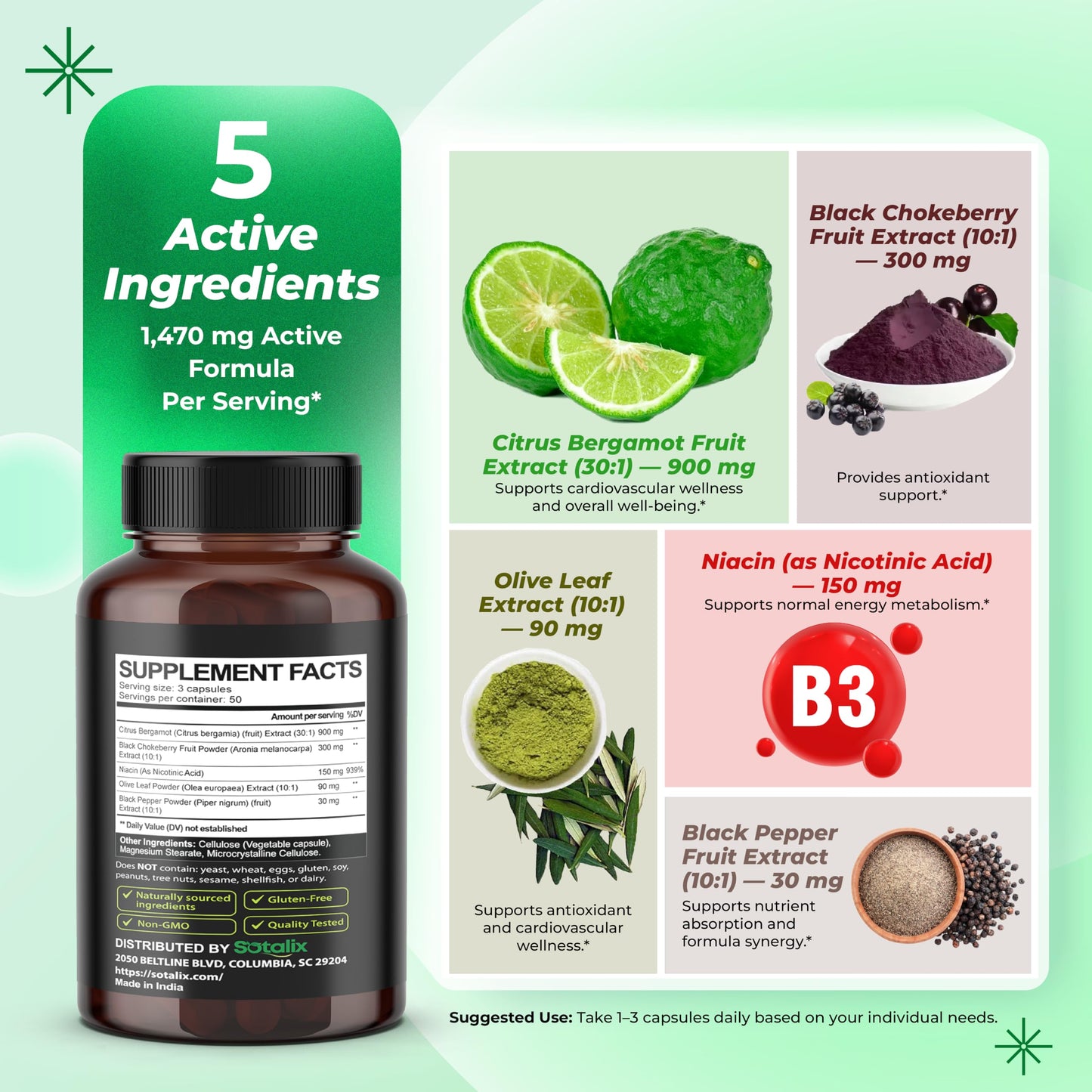 Sotalix Supplement Citrus Bergamot 1470 mg with Black Chokeberry, Niacin, Olive Leaf & Black Pepper Capsule, 150
