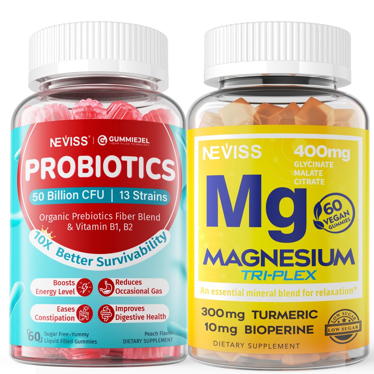 NEVISS Magnesium Gummies with Turmeric + Sugar Free Probiotics, 180 Gummies
