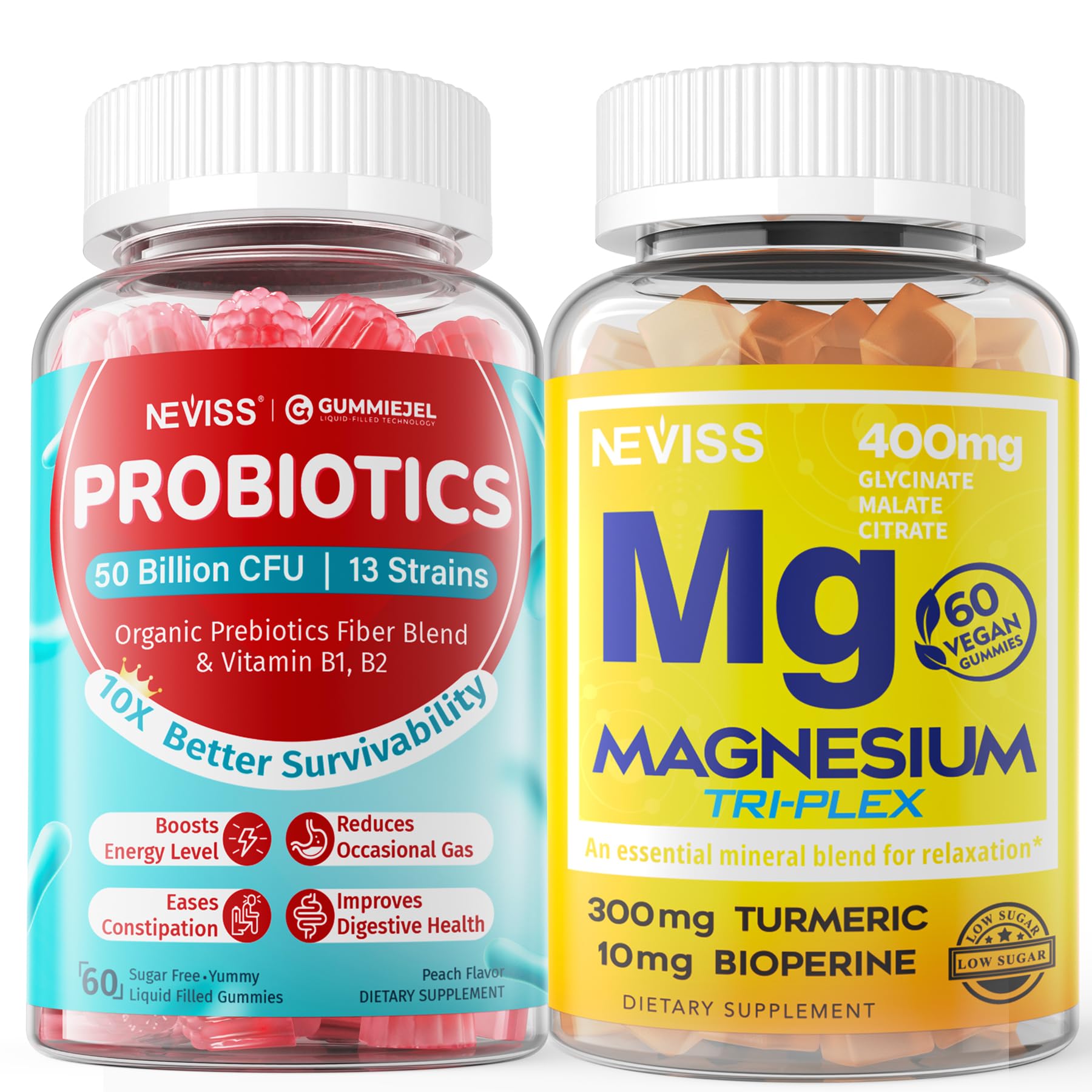 NEVISS Magnesium Gummies with Turmeric + Sugar Free Probiotics, 180 Gummies