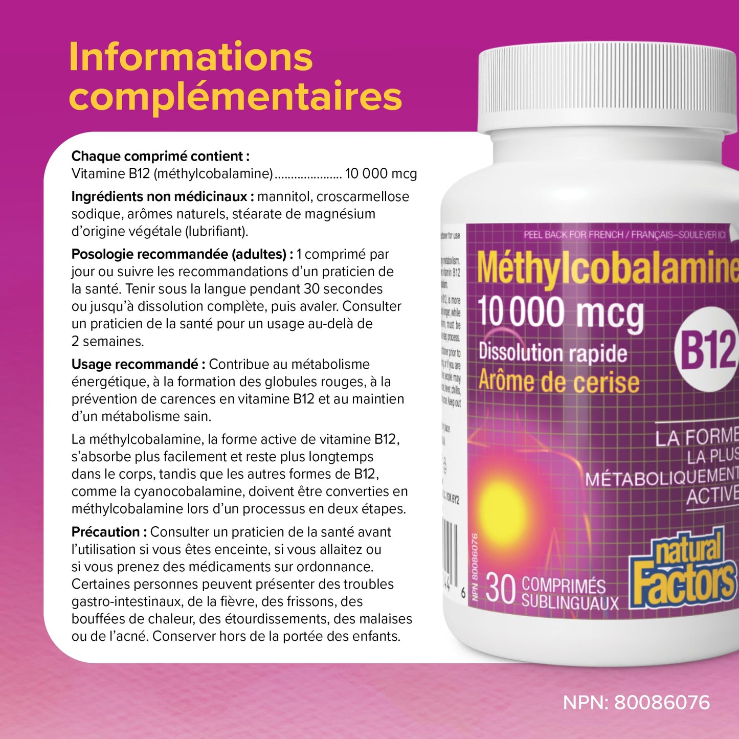 Natural Factors Methylcobalamin 10,000 mcg - Vitamin B12 Supplement in Metabolically Active Form - Supplement Supports Cll Formation & Energy Production 30 Tablets
