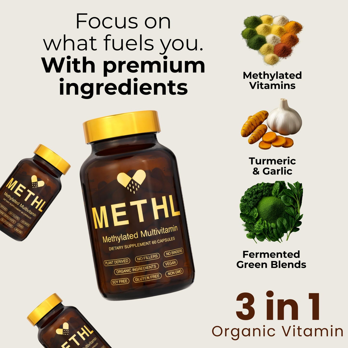 METHL Methylated Multivitamin Fermented Organic Greens & Turmeric, Activated B Vitamins (5-MTHF & Methyl B12), 60 Capsules