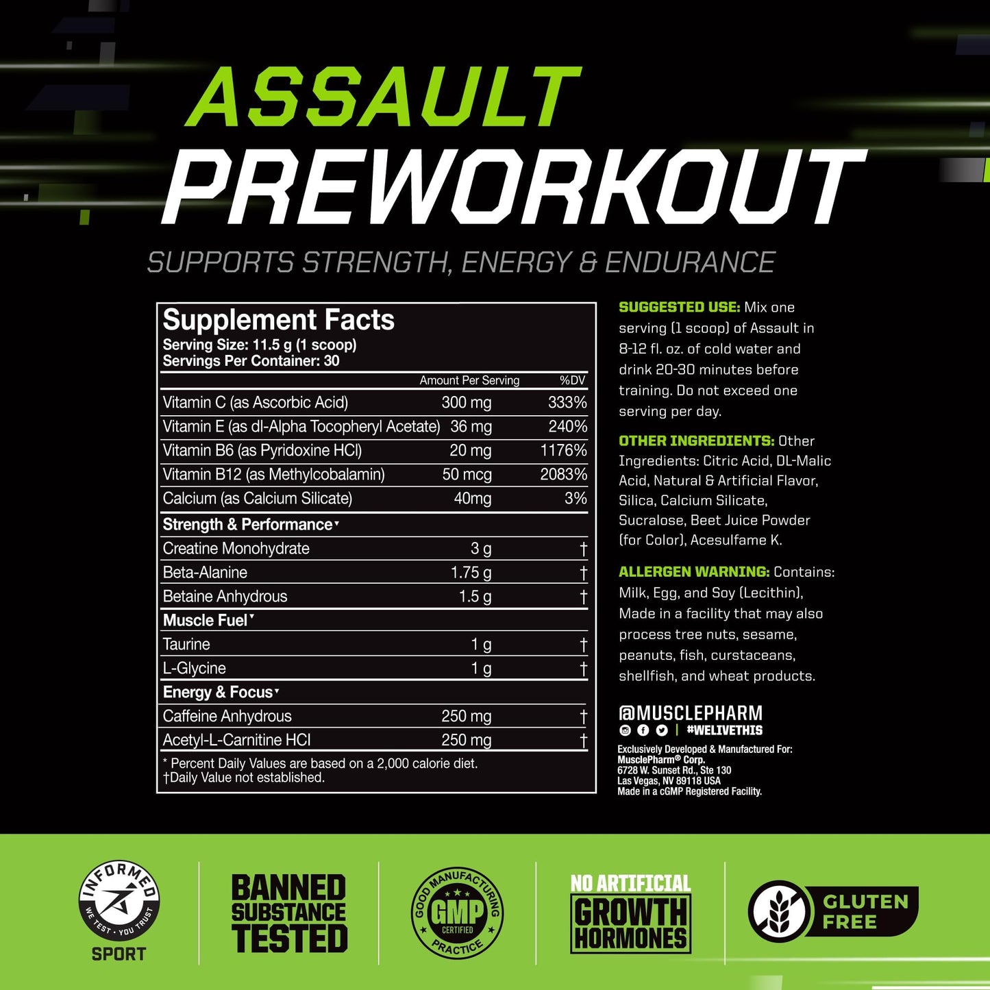 Muscle Pharm Assault Pre Workout Powder Fruit Punch Flavor 12.1 Ounce