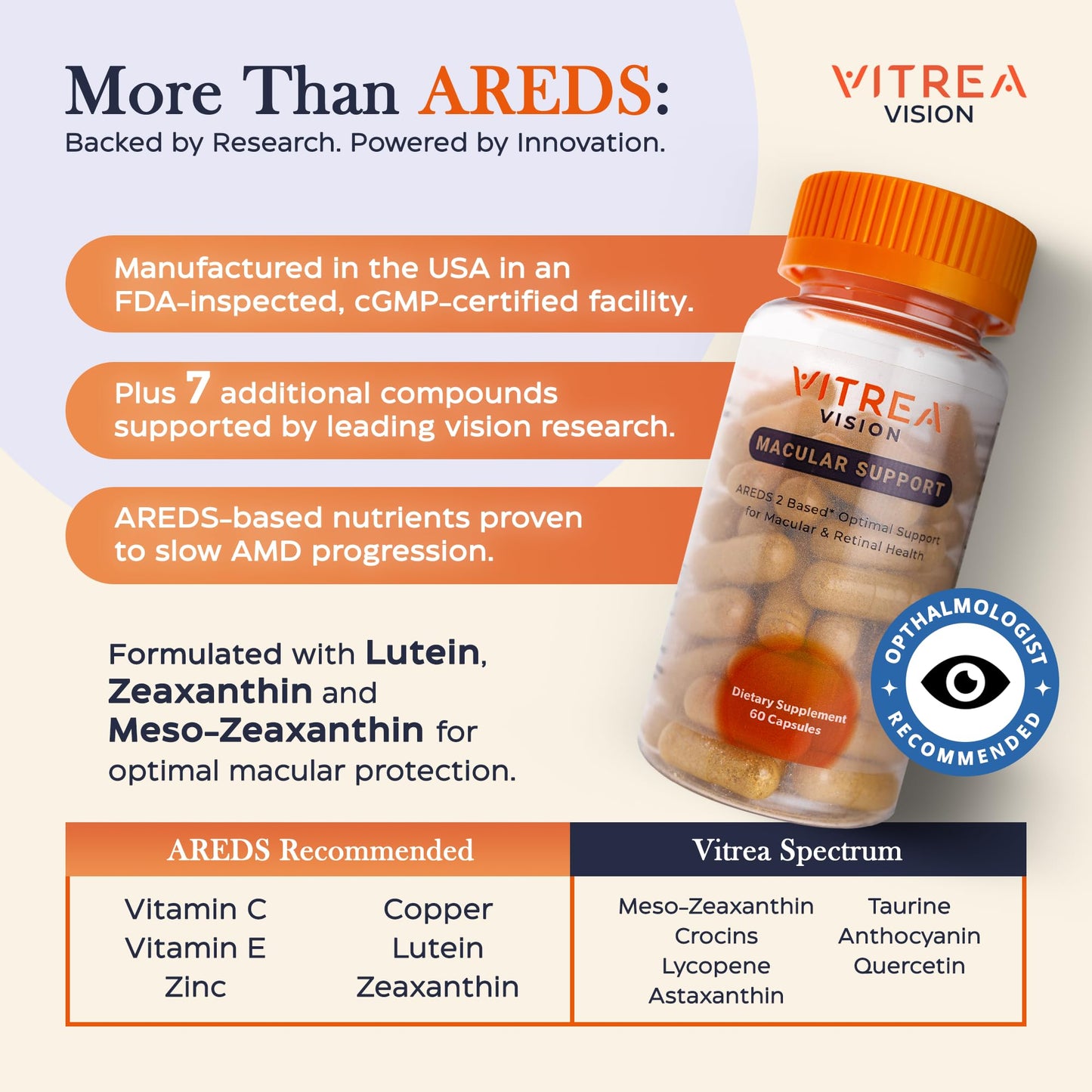 Vitrea Vision Macular Support AREDS2 Eye Supplement with Lutein, Zeaxanthin, Marigold & 13 Nutrients 60 Capsules