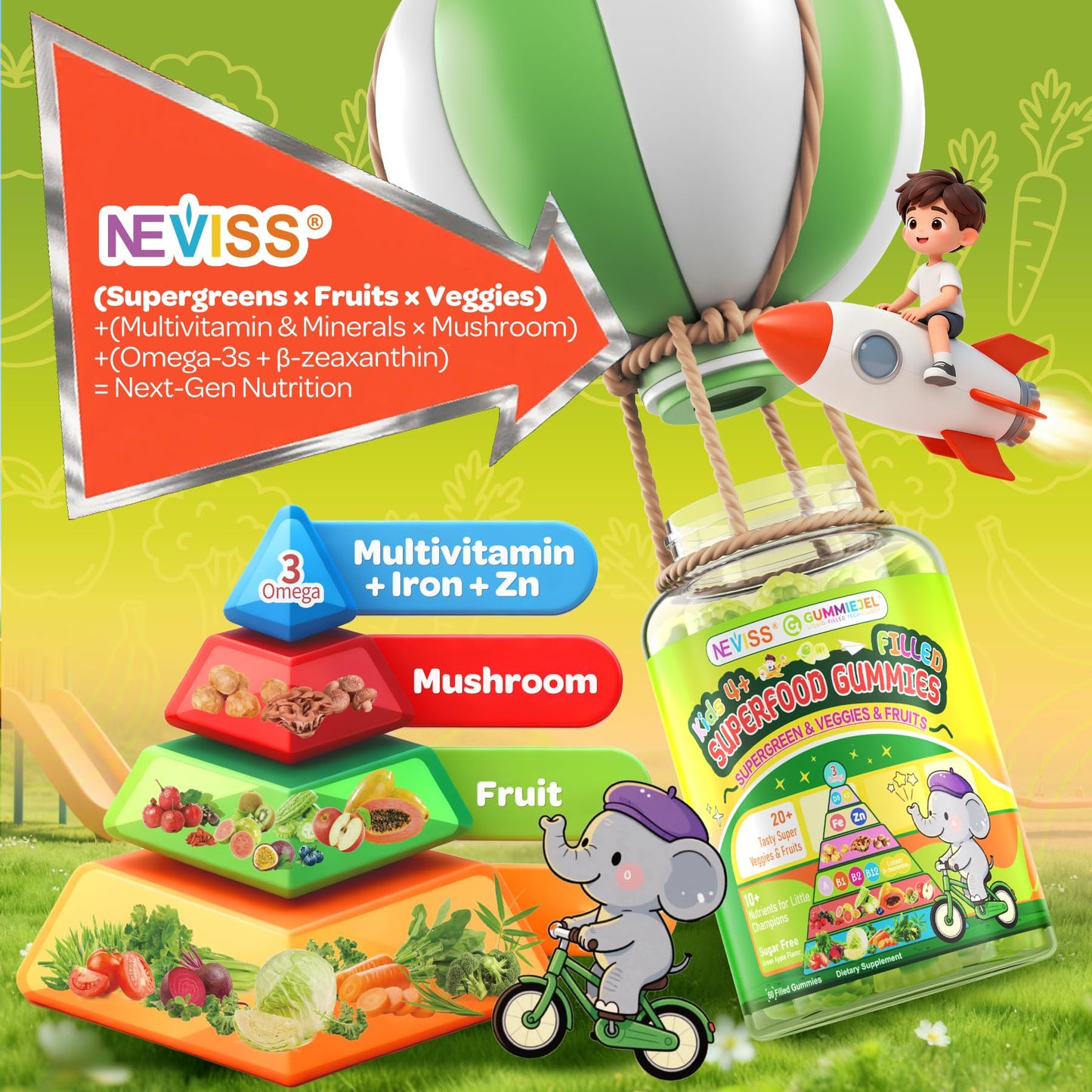 NEVISS Kids & Teens Multivitamin Gummies with Iron, Omega-3, D3, K2 – 120 Gummies