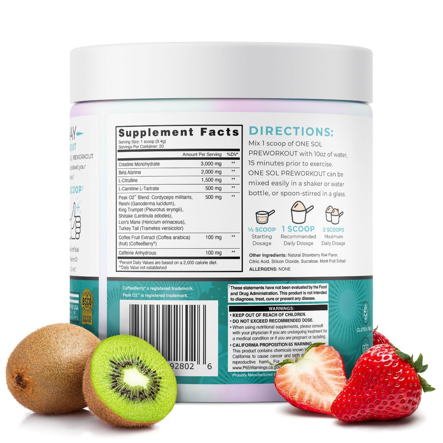 One Sol Pre-Workout for Women Powder, Enhanced Pump & Focus, 6.63 oz Strawberry Kiwi