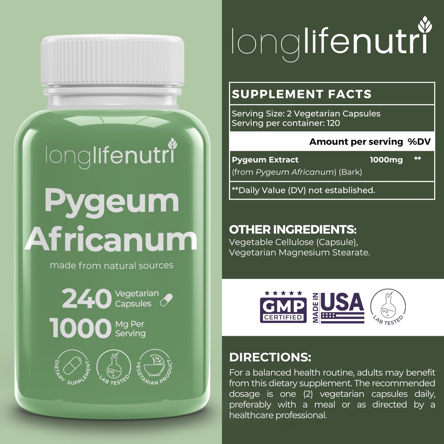 LongLifeNutri Pygeum Africanum Bark Extract Capsules 240 Count