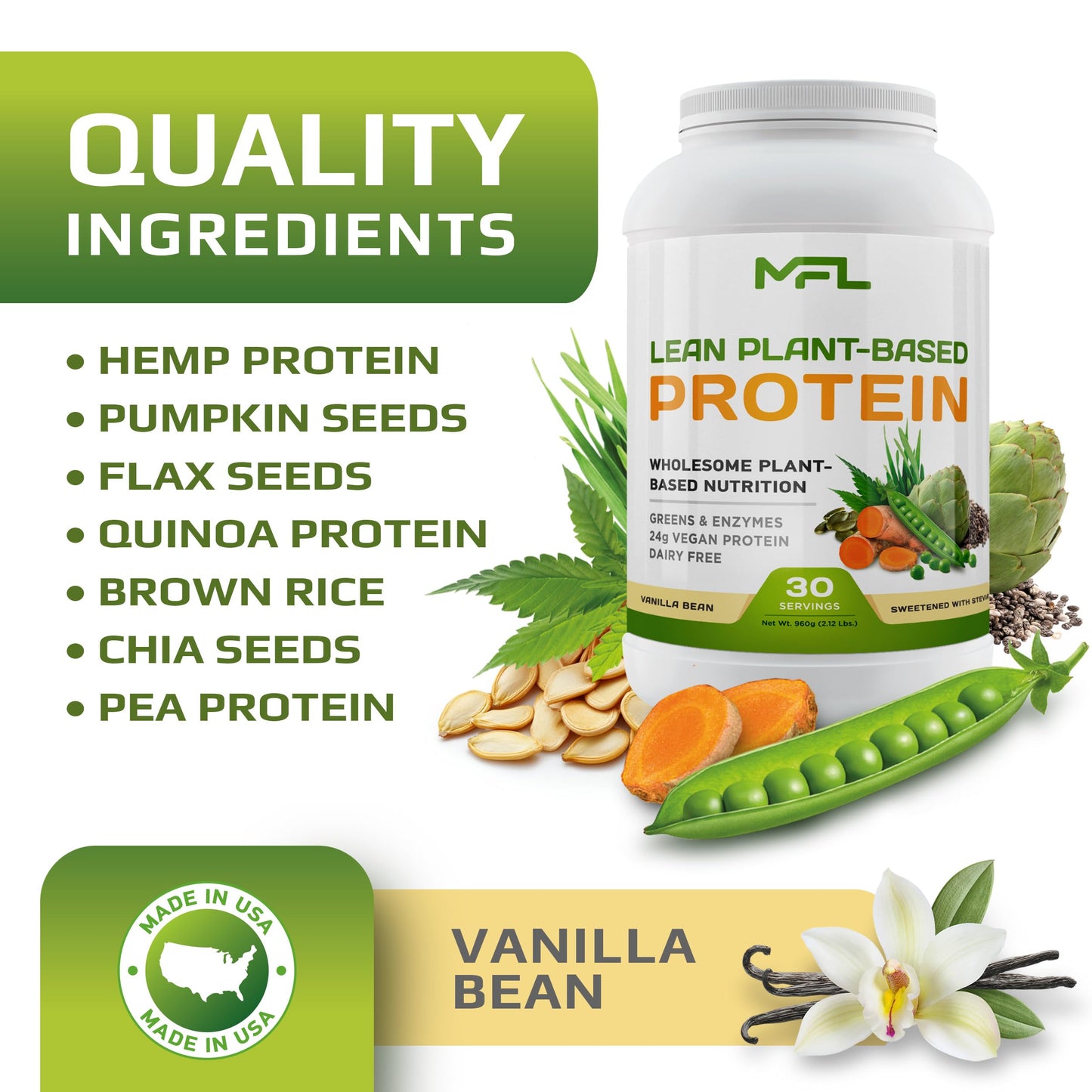 MUSCLE FOOD LABS MFL Vegan Plant-Based Protein Powder Vanilla Bean 33.92 oz