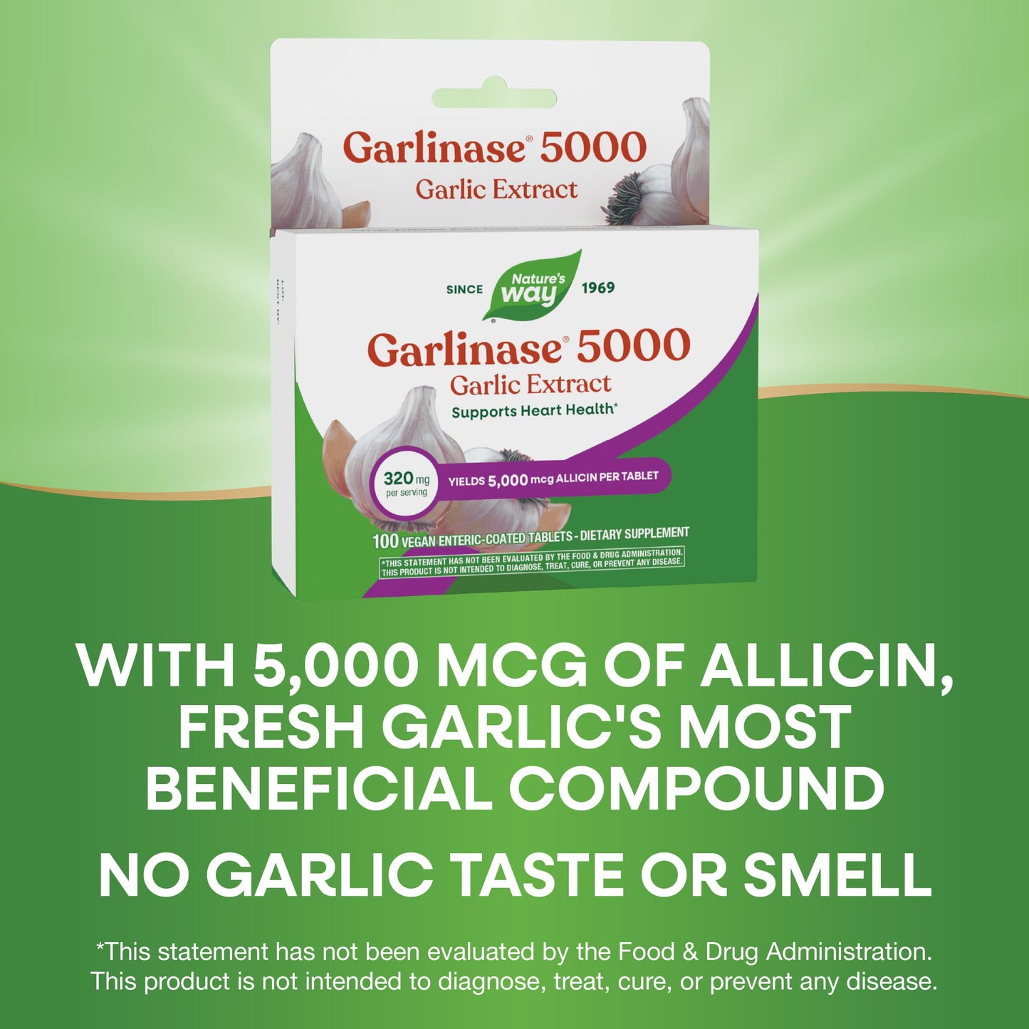Nature's Way Garlinase 5000 Garlic Extract Supports Heart Health*, Odorless Garlic Supplements, Vegan, 100 Tablets