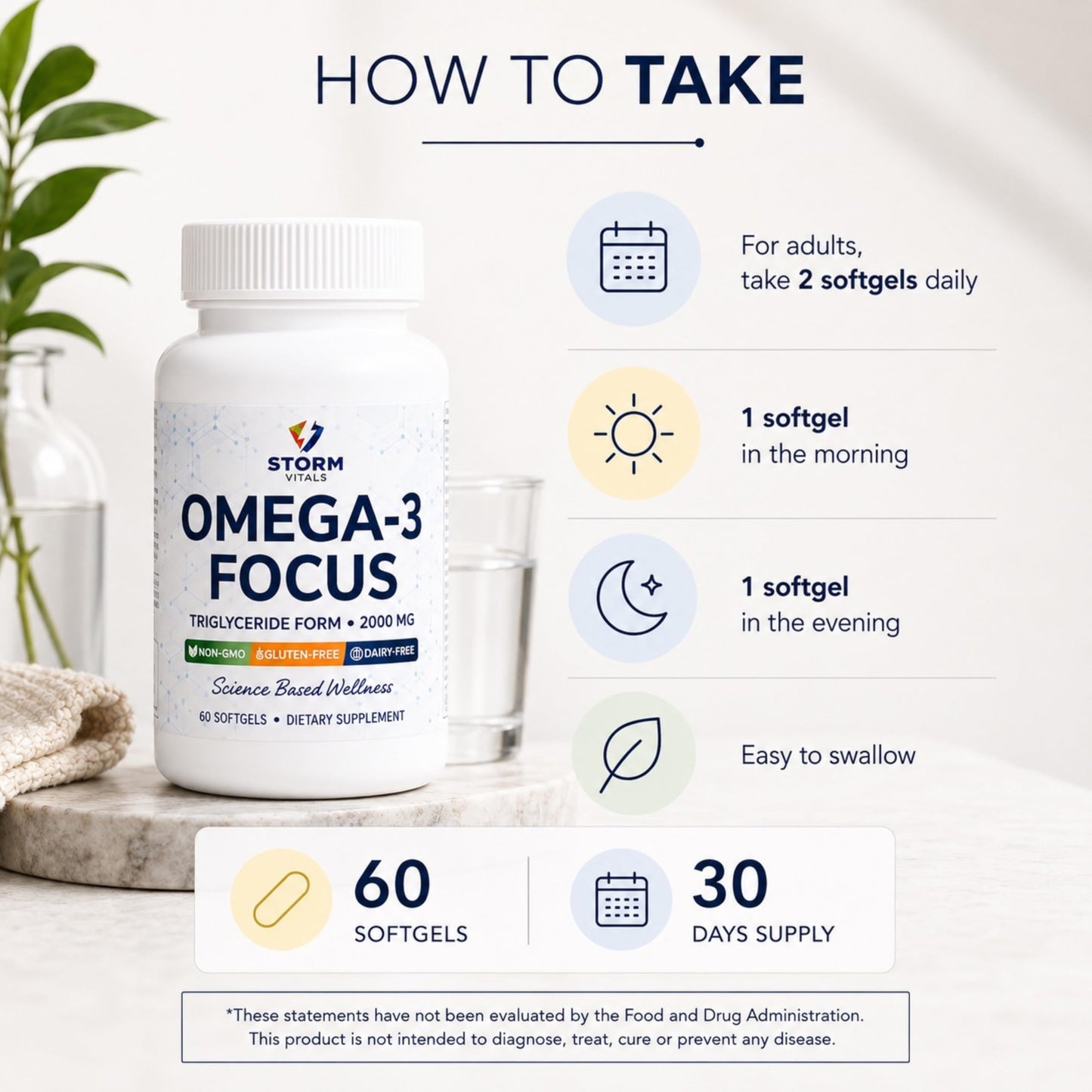 STORM VITALS Omega-3 Focus 2000mg with Nootropic Formula – Citicoline, DHA, EPA, B12, PQQ, Folate & P5P – Triglyceride Form Omega 3 Softgels 60