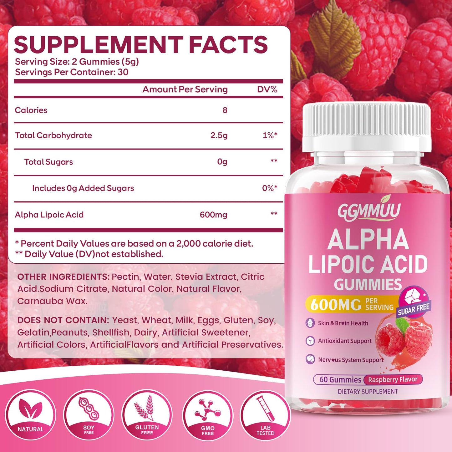 GGMMUU Alpha Lipoic Acid Gummies 600mg, High Absorption Chewable ALA Supplement, Raspberry Flavor, Vegan, Sugar Free, 60 Count