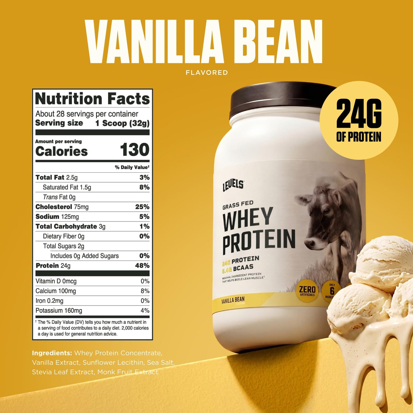 Levels Nutrition Grass Fed Whey Protein Powder Vanilla Bean, 32 Servings
