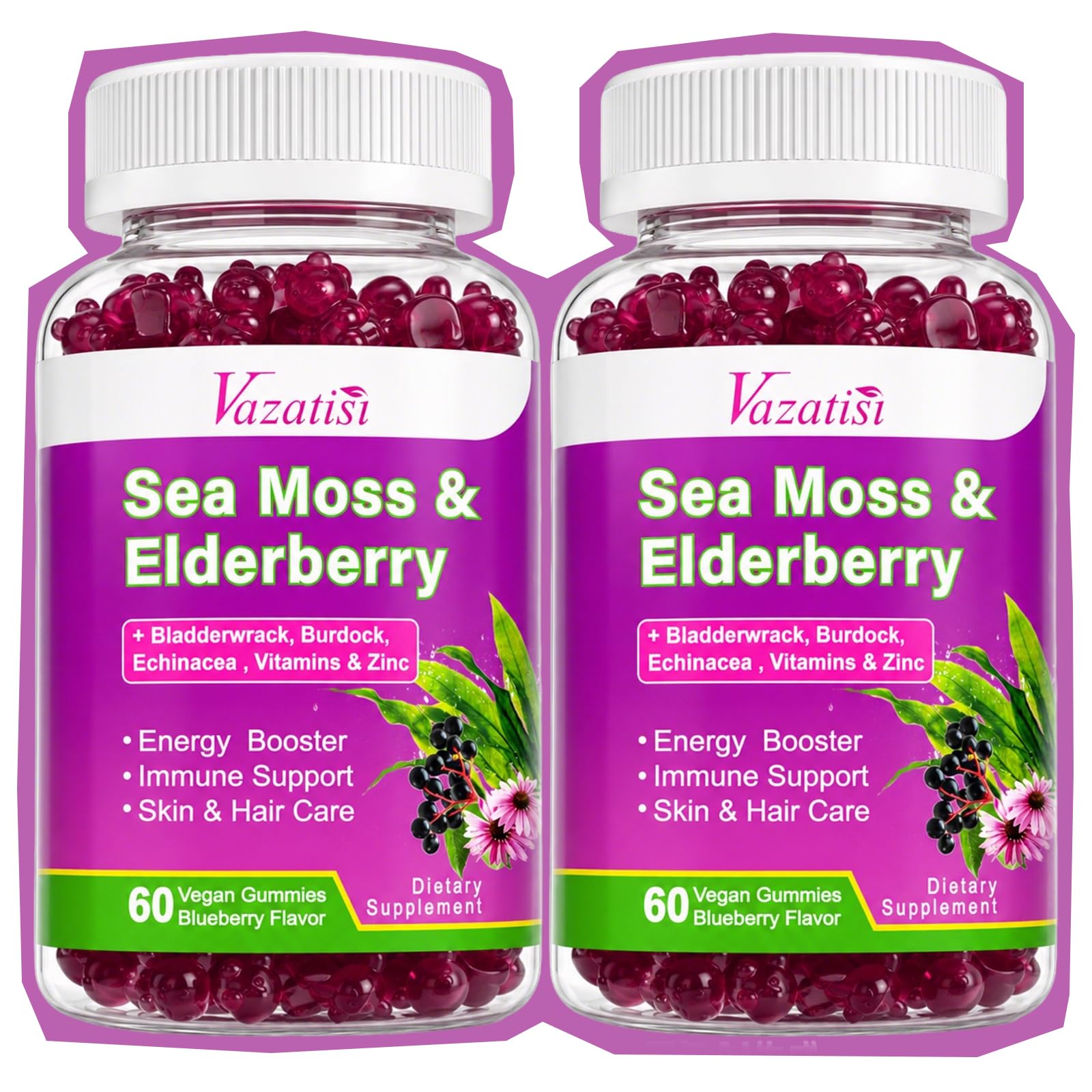 Vazatisi Elderberry Gummies with Sea Moss, Extra Strength Elderberry with Vitamin C, Zinc for Immune Support, Blueberry Flavor, 120 Gummies
