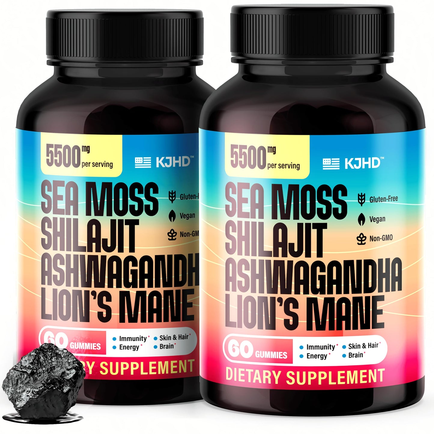 KJHD Shilajit Ashwagandha Gummies with Sea Moss, Beet Root, Lion’s Mane Mushroom & Black Seed Oil – Organic Herbal Superfood Supplement – 120 Vegan Gummies