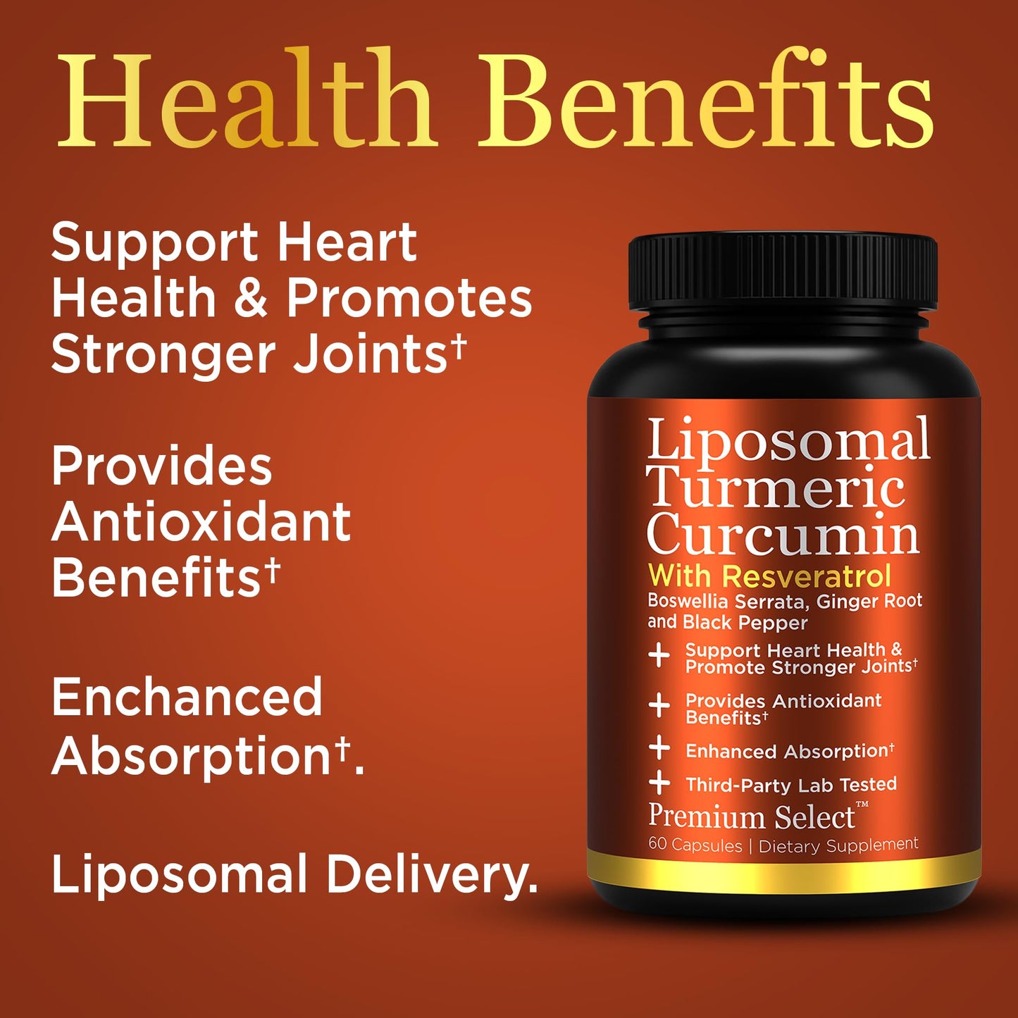 Premium Select Nutrition Liposomal Curcumin Capsules with Resveratrol, Boswellia Serrata, Turmeric and Ginger, Enhanced Absorption, 60 Count