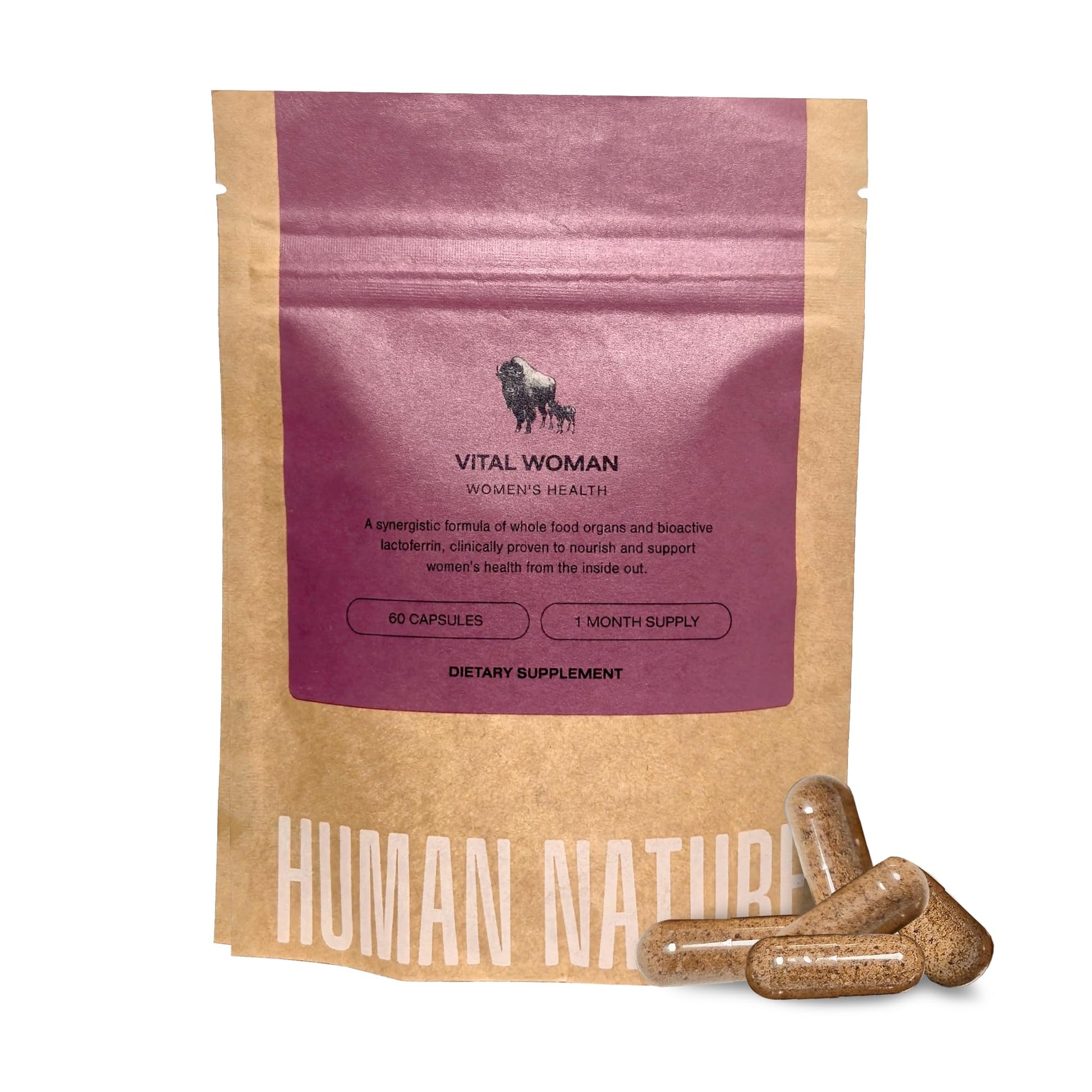 Human Nature Vital Woman Grass-Fed Bison Organ Multivitamin for Women with Iron and Lactoferrin Capsules, 60 Count
