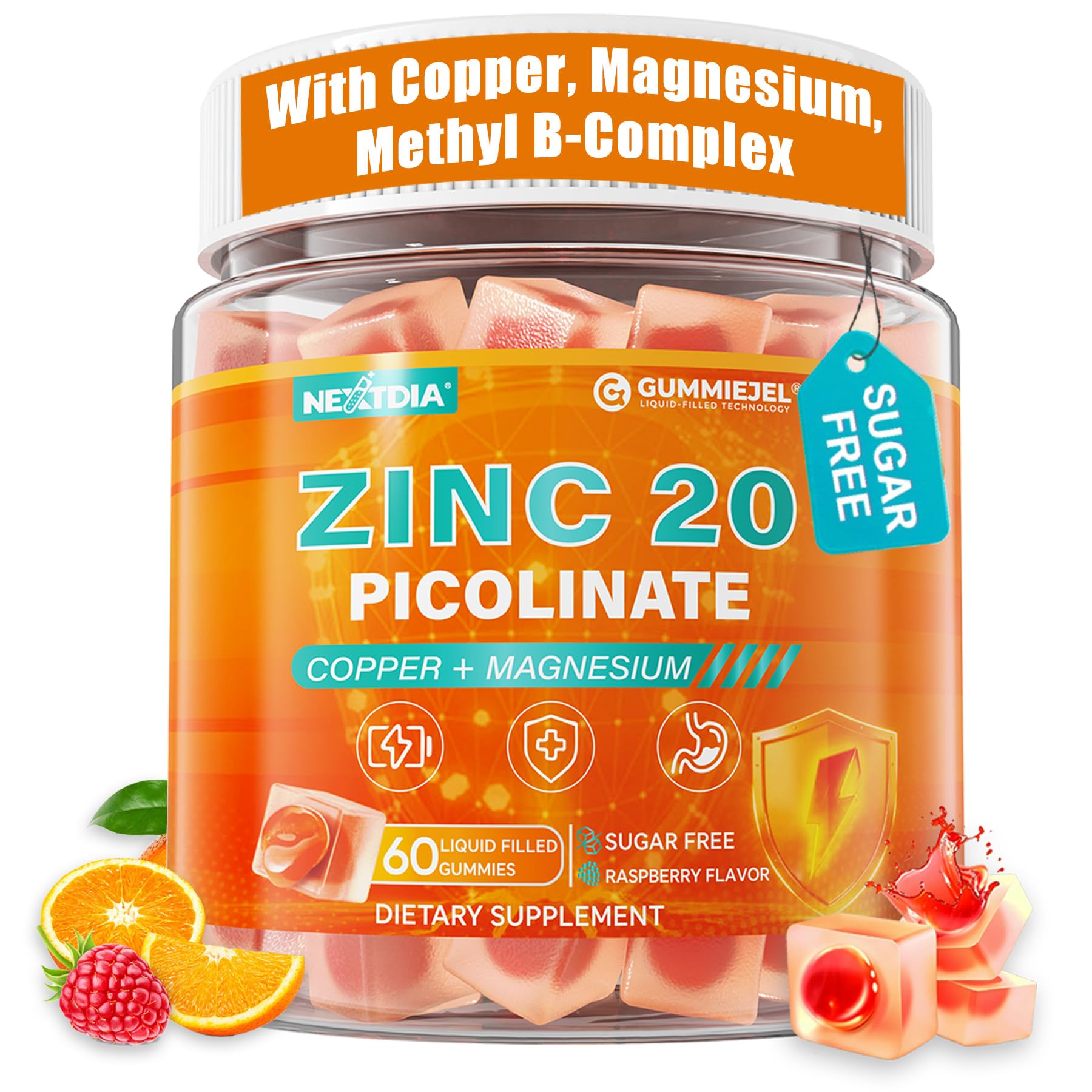 Nextdia Zinc Picolinate Gummies + Copper, Magnesium, Methylated B Complex, CoQ10 for Women and Men, High Absorption Chelated Zinc Copper Bisglycinate Immune Support Gummies, Sugar Free, Vegan, 60 Count
