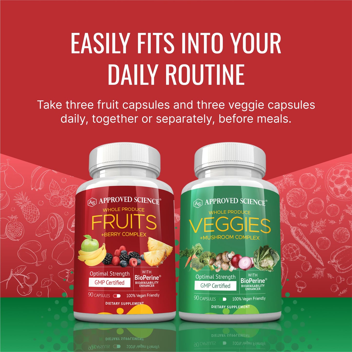 Approved Science Fruits & Veggies - 42 Whole Fruit and Veggie Supplement - Enhanced Health & Vitality - Daily Natural Vitamins, Minerals, Antioxidants, 360 Capsules