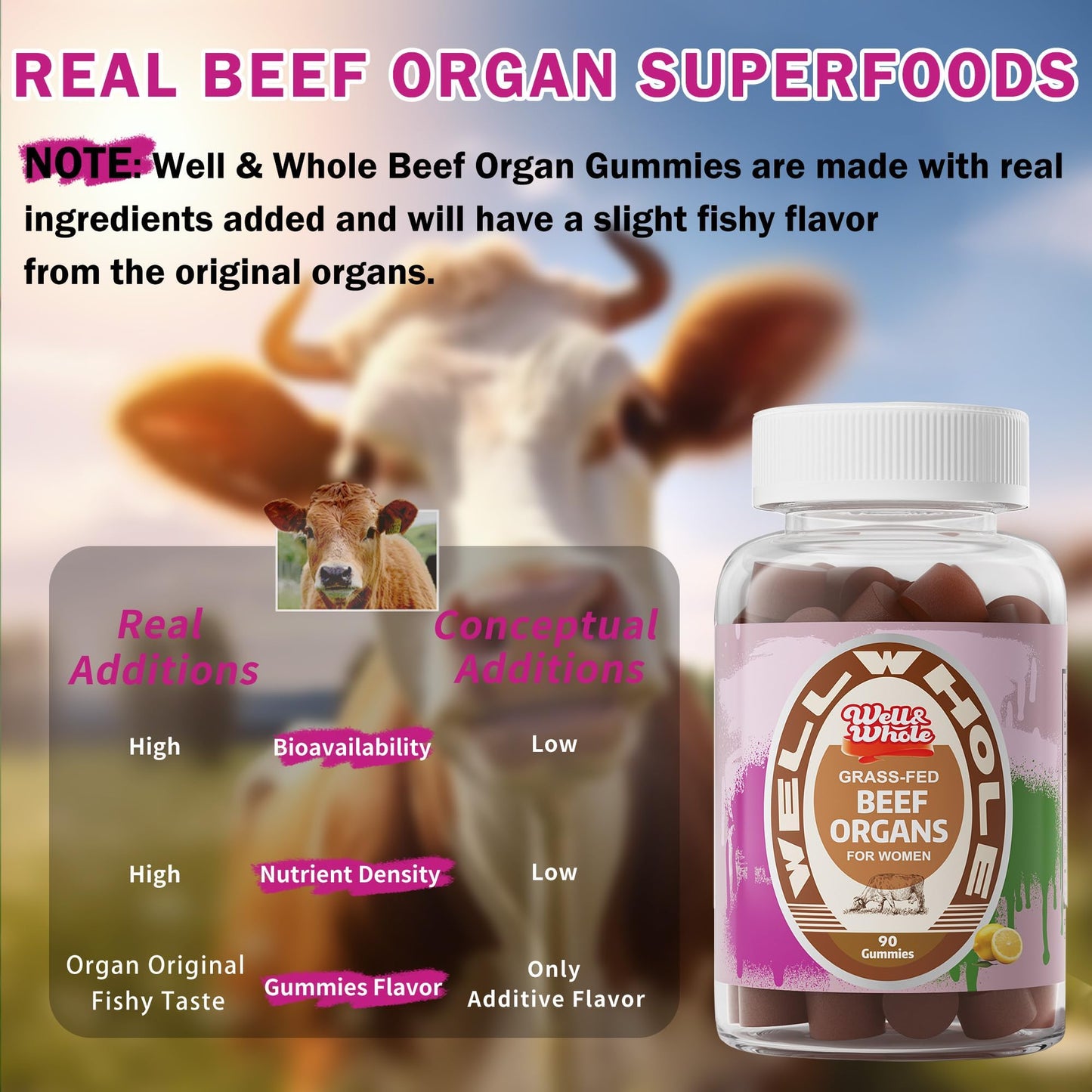 Well&Whole Beef Organ Supplement for Women Gummy 90 Count