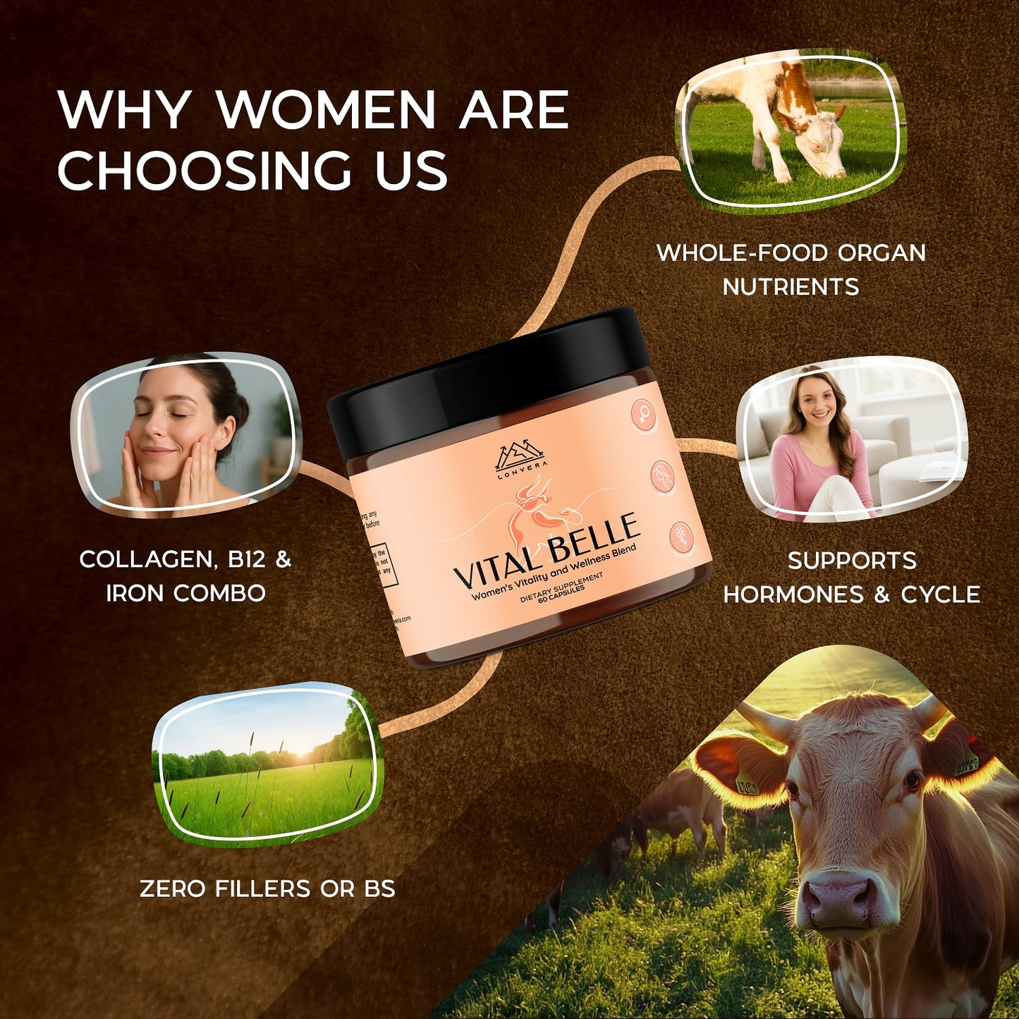 Lonvera Vital Belle Grass Fed Beef Organ Supplement for Women, 60 Capsules