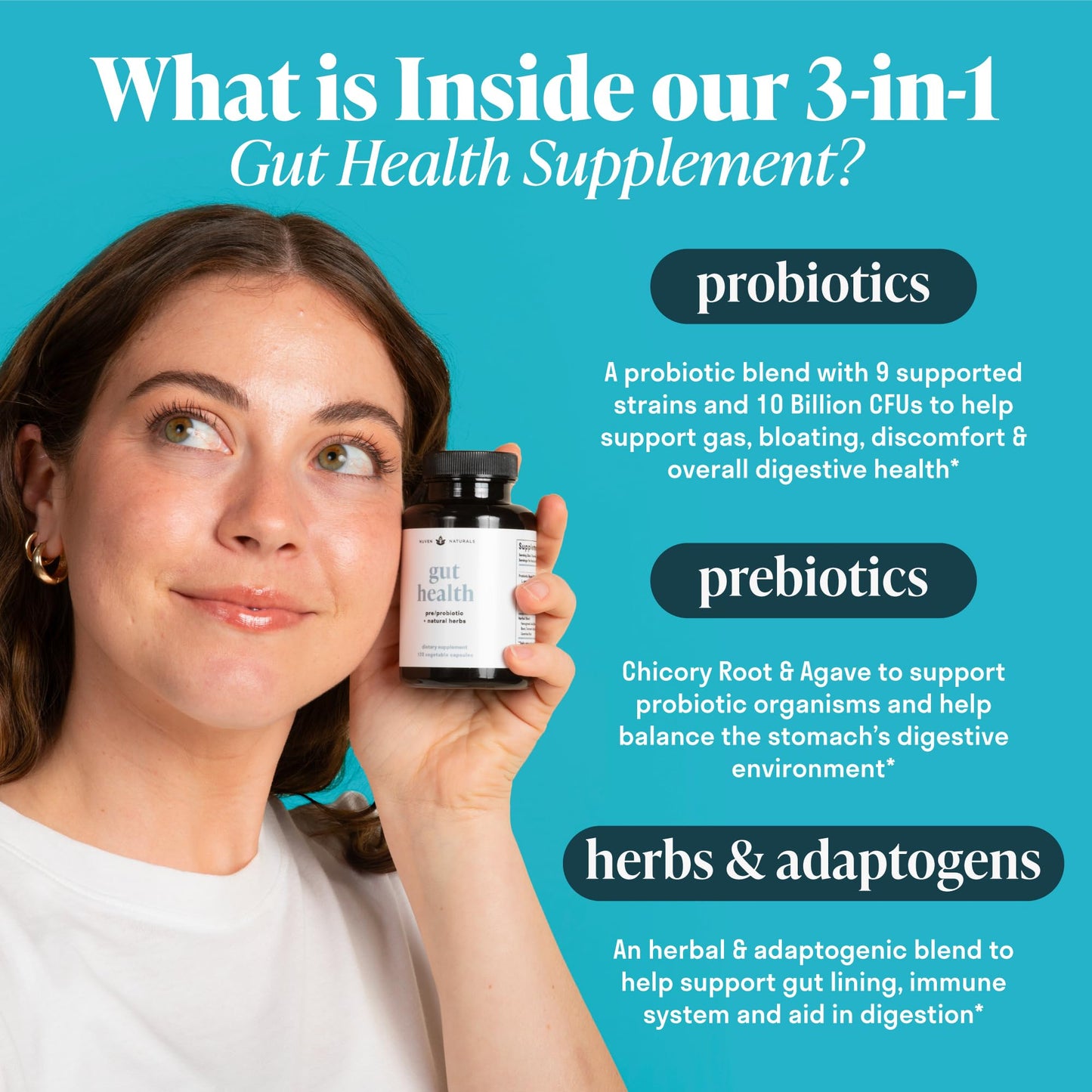 Nuven Naturals All-in-One Gut Health with Probiotics, Prebiotics, Digestion-Supporting Herbs, and Adaptogens Capsules 120