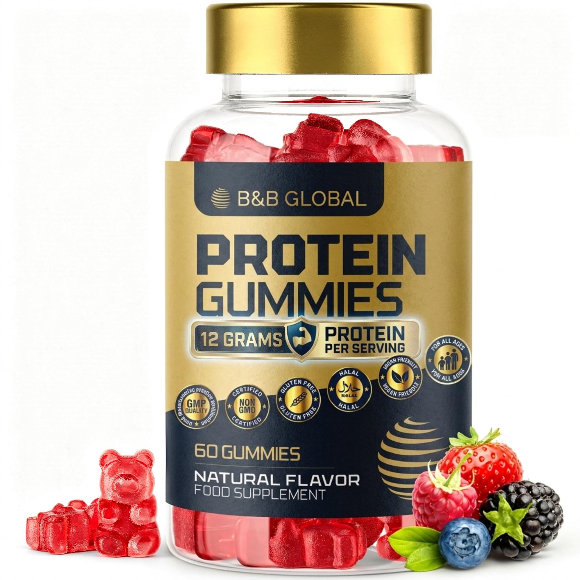 B&B GLOBAL Protein Gummies – Naturally Mixed Berry Flavored, 60 Gummies