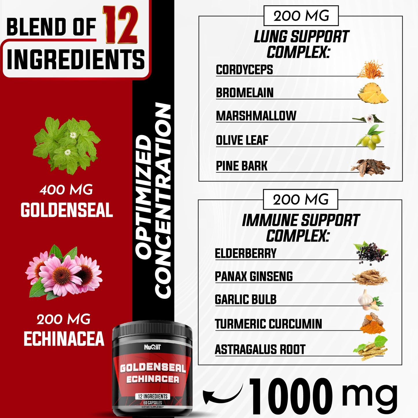 NUQIIT Goldenseal Root with Echinacea, Panax Ginseng, Elderberry, Garlic Capsules, 60 Count