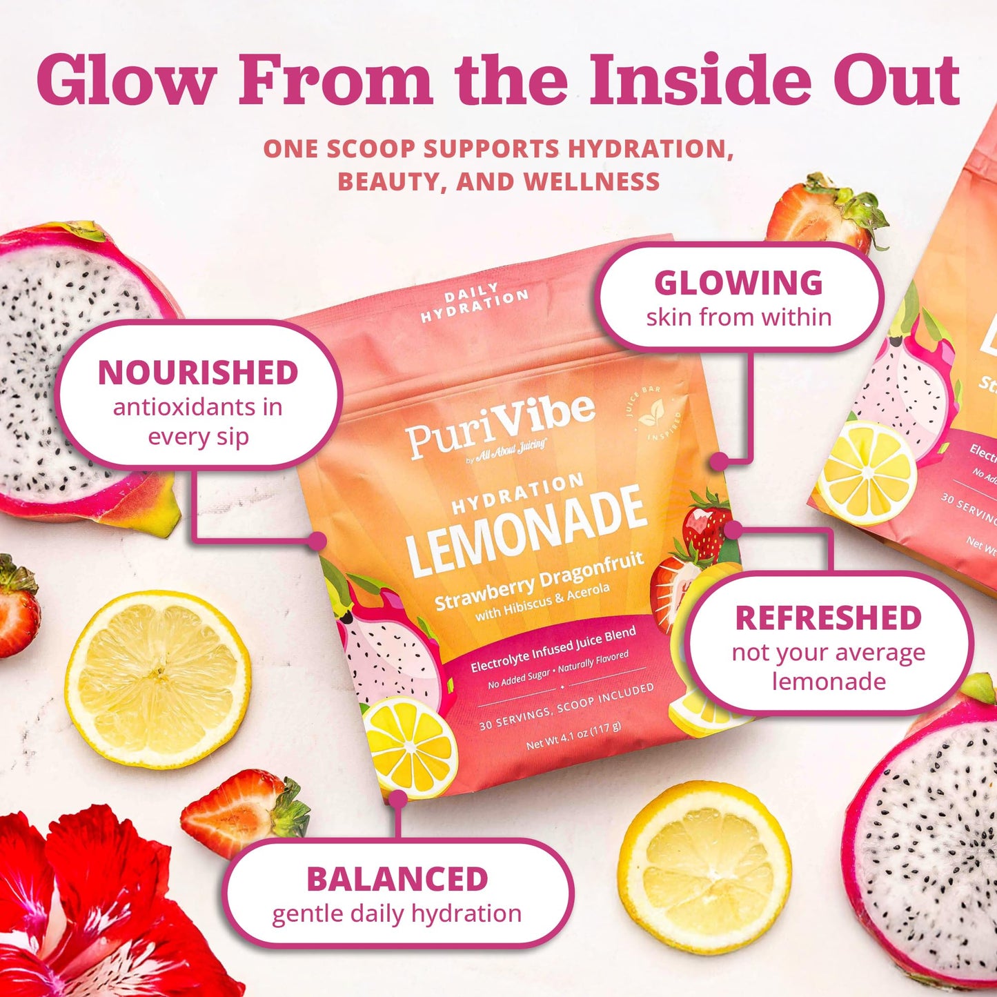 All About Juicing PuriVibe Hydration Lemonade Electrolyte Powder, Strawberry Dragonfruit 4.1 Ounce