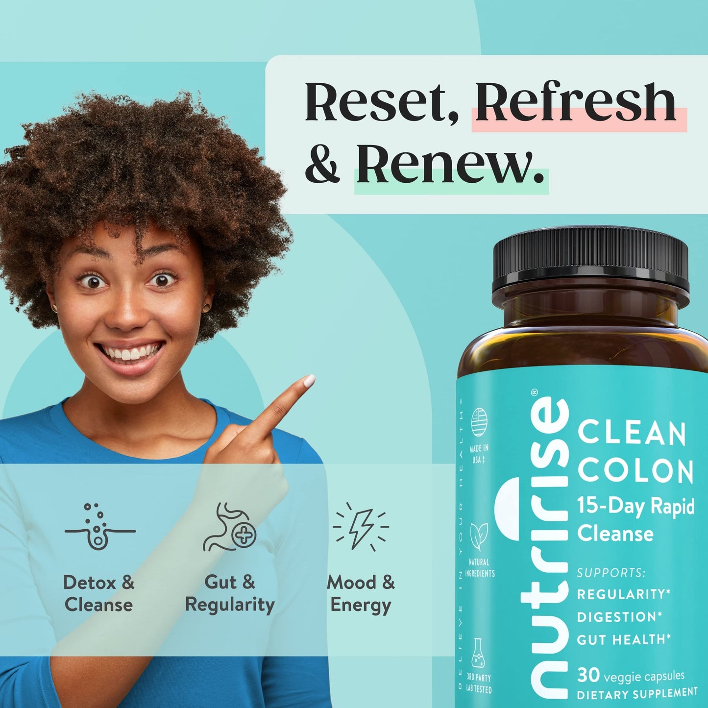 NutriRise 15 Day Quick Colon Cleanse for Gut Health Capsules, 30 Capsules
